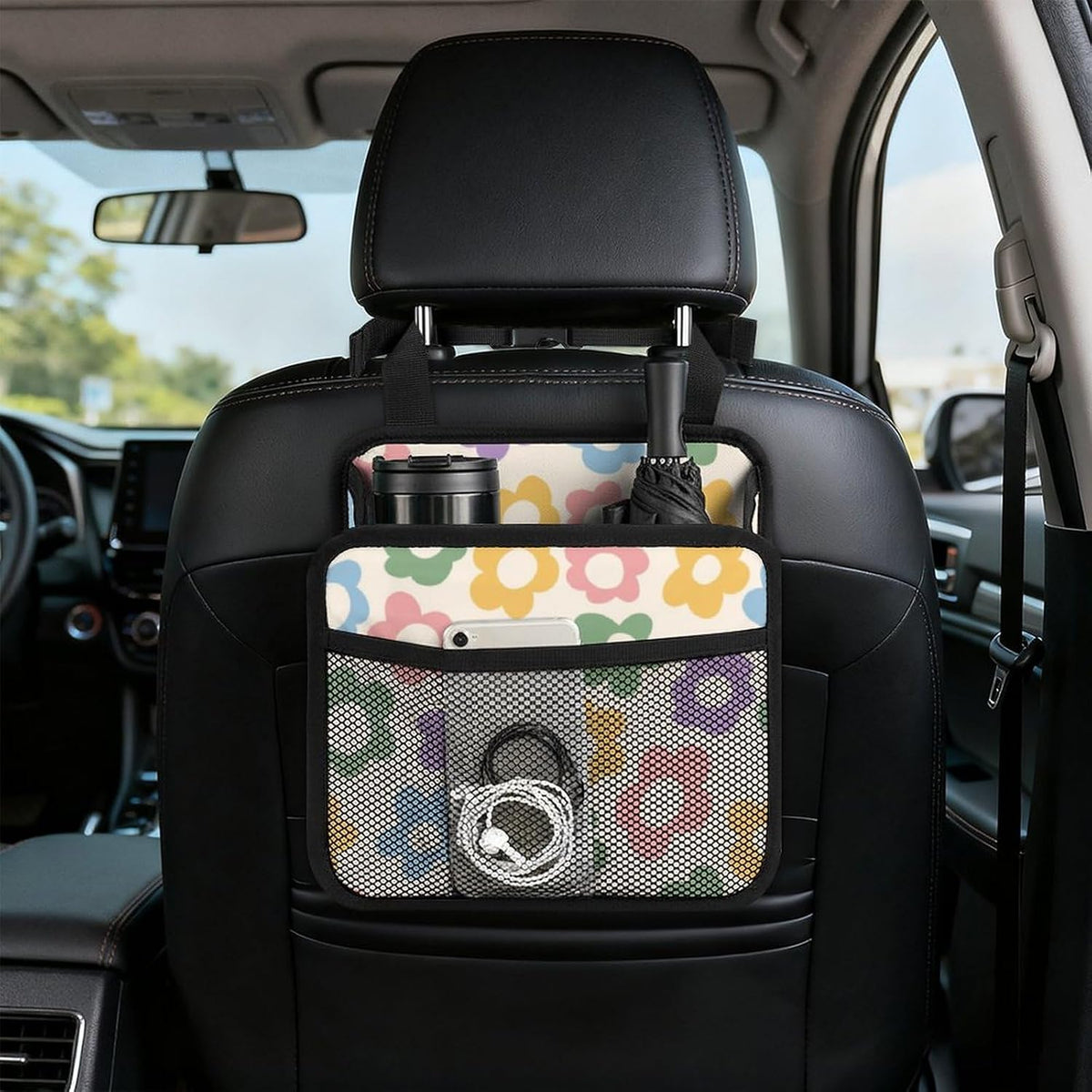Car Backseat Organizer - Cute Aesthetic Car Storage Bin with Mesh Pocket & Reinforced Base - Universal Fit Hanging Seat Back Accessories for Women (Pastel)