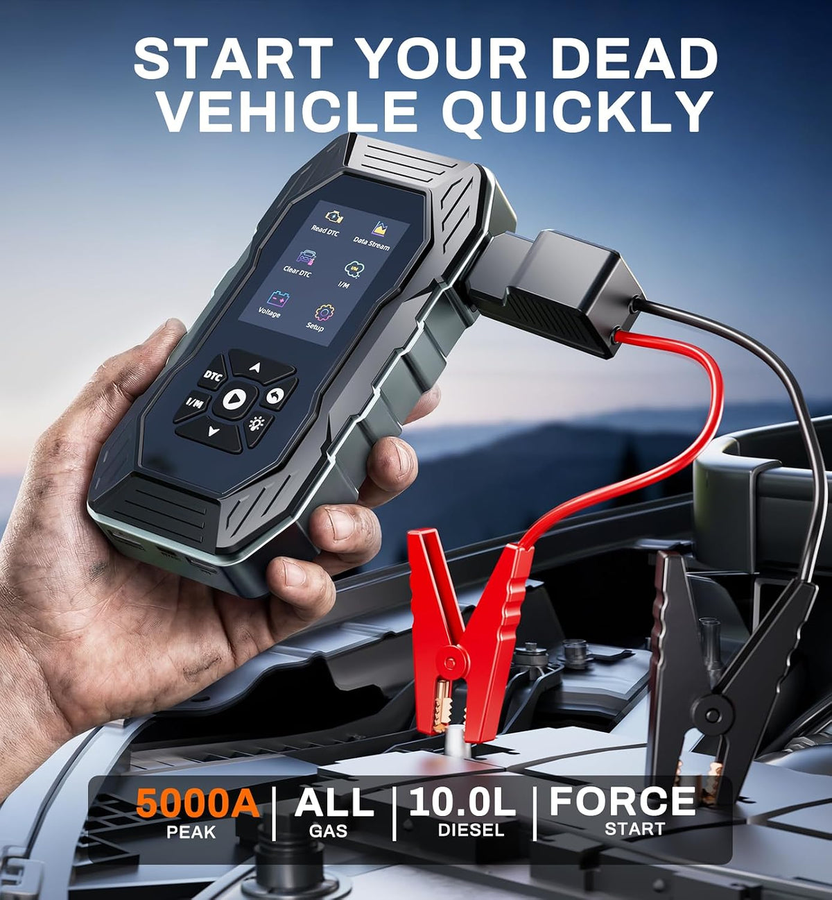 5000A Jump Starter with OBD2 Scanner, 0V Force Start, All Gas & 10L Diesel