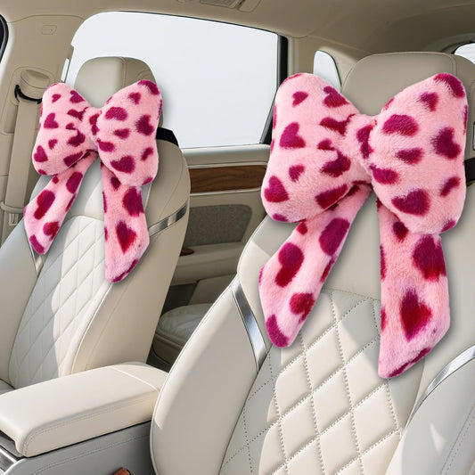 2 Pack Bow Car Headrest Pillow Comfortable Soft Plush Head Rest Cushion, Neck Pillow for Driving Office Use and Car Interior Decoration (Pink Heart)