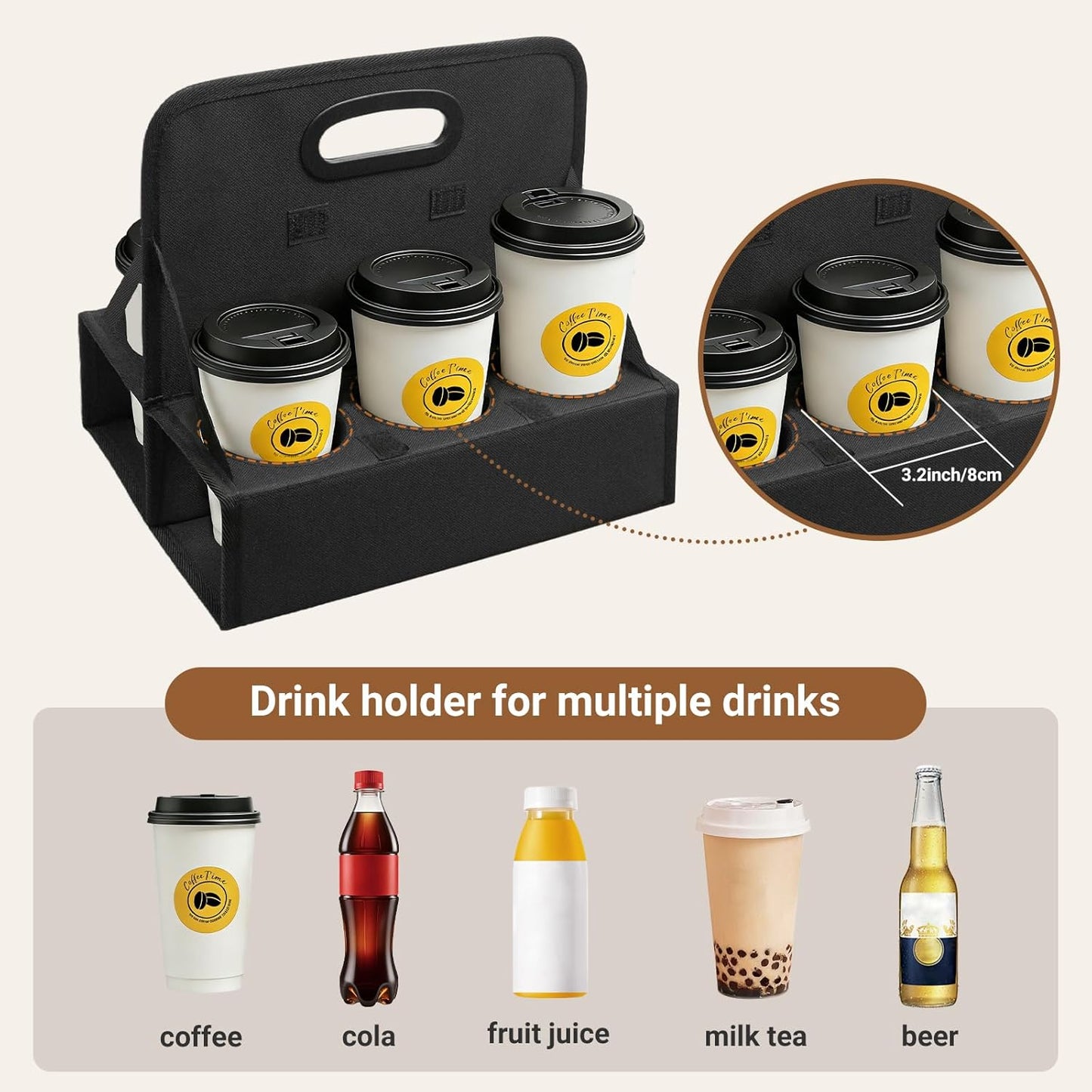 6-Cup Reusable Drink Carrier with Handle – Foldable Drink Caddy for Delivery Drivers,Takeout & Catering,Portable Beverage Holder Bag for Coffee,to-Go Cups,Anti-Spill & Car Floor Safe,Black