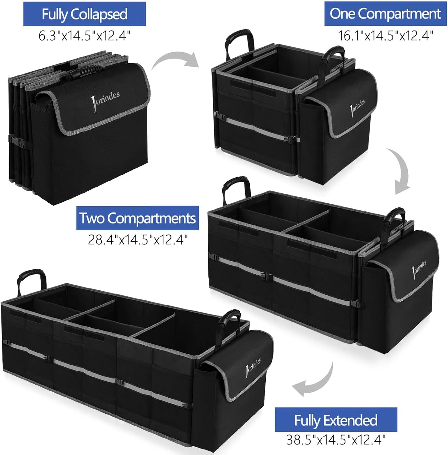 Collapsible Trunk Organizer for Car with Insulated Leak proof Cooler Bag, 3 Compartments SUV Cargo Organizer Removable Dividers, 5 in1 Car Storage Organizer with Foldable Lid,2 Tie-Down Straps(Black)