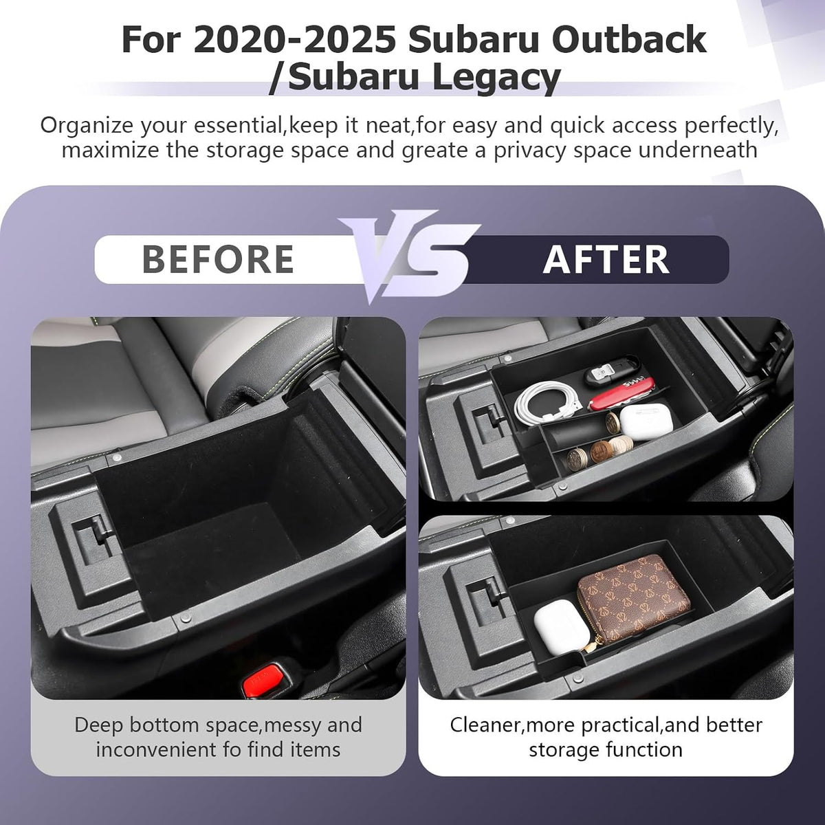 LUWU Outback 2020-2025/Legacy 2020-2025 Accessories Compatible with Subaru Outback/Legacy Center Console Organizer Armrest Console Storage Box Insert Tray ABS Material Black Coin Container 2-Pack