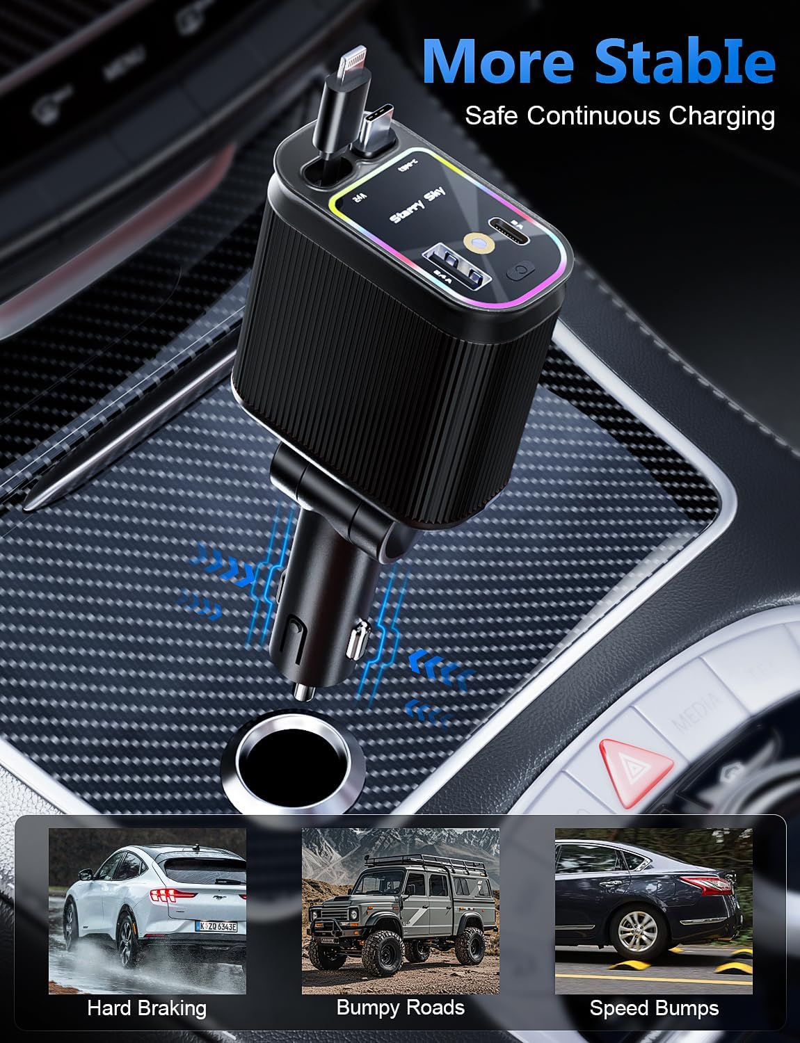 Starlight Retractable Car Charger with Retractable Cables, Starlight in Car Roof 4 in 1 Super Fast USB C Car Phone Charger, 2 USB Ports Starry Sky Adapter, Compatible with iPhone 17 16 15 14 13 12