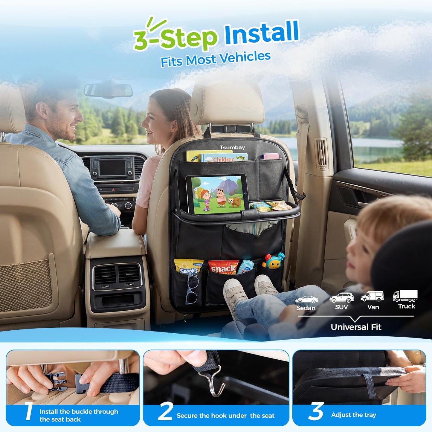 Tsumbay Car Backseat Organizer with Tablet Holder,9 Storage Pockets Foldable Table Tray Seat Back Protectors Kick Mats -PU Leather 1Pck