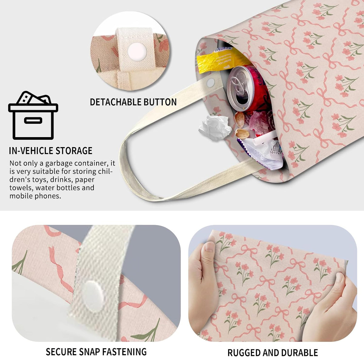 Cute Car Trash Can, Hanging Canvas Car Back Seat Organizer and Storage Bag, Funny Car Trash Bag for Travelling, Outdoor Cute Pink Flower