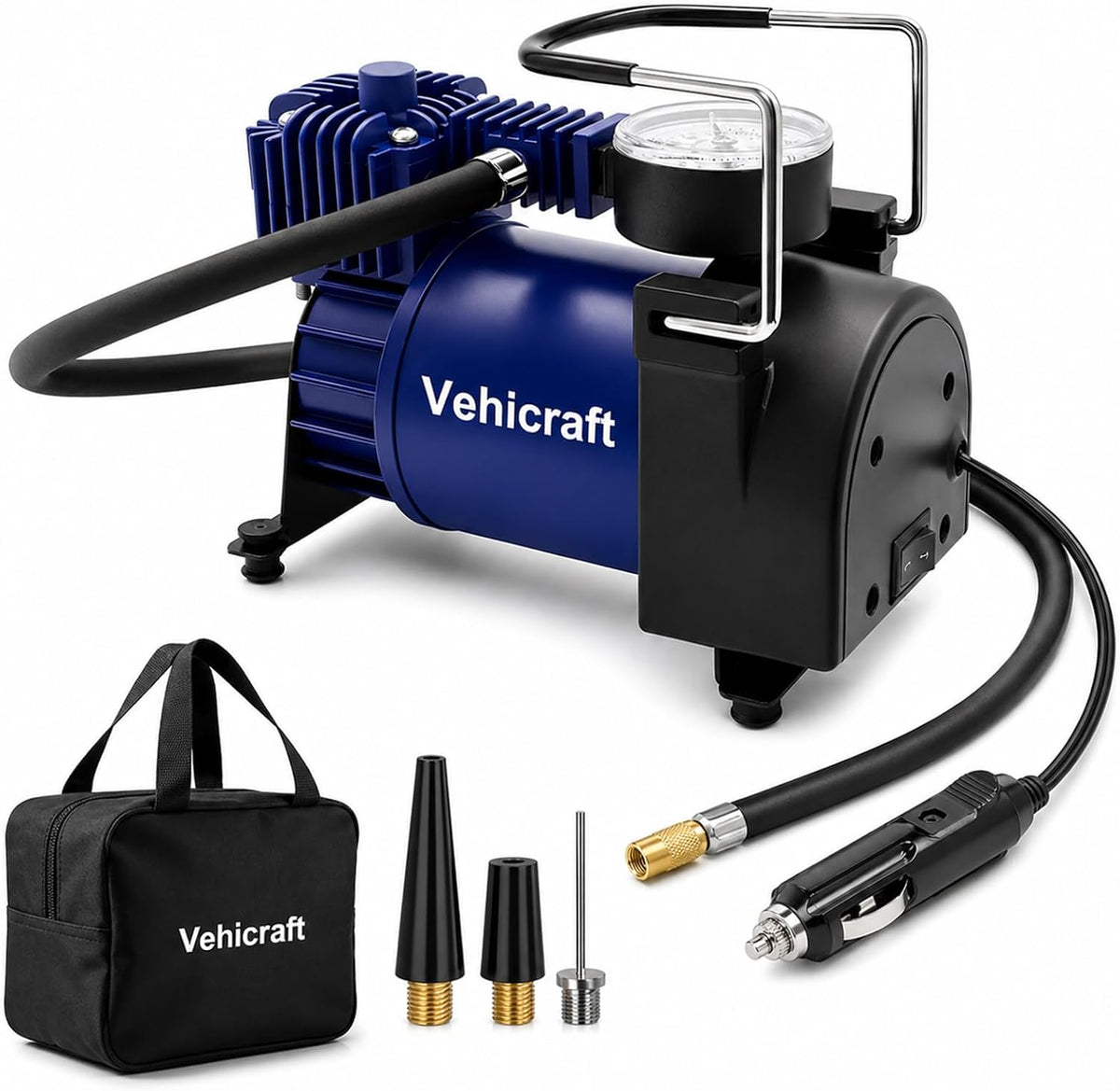 Tire Inflator Portable Air Compressor up to 150 PSI, 12V Portable Air Pump with Portable Bag, Metal Air Pump for Bicycle, Motorcycle, Car, SUV, Blue