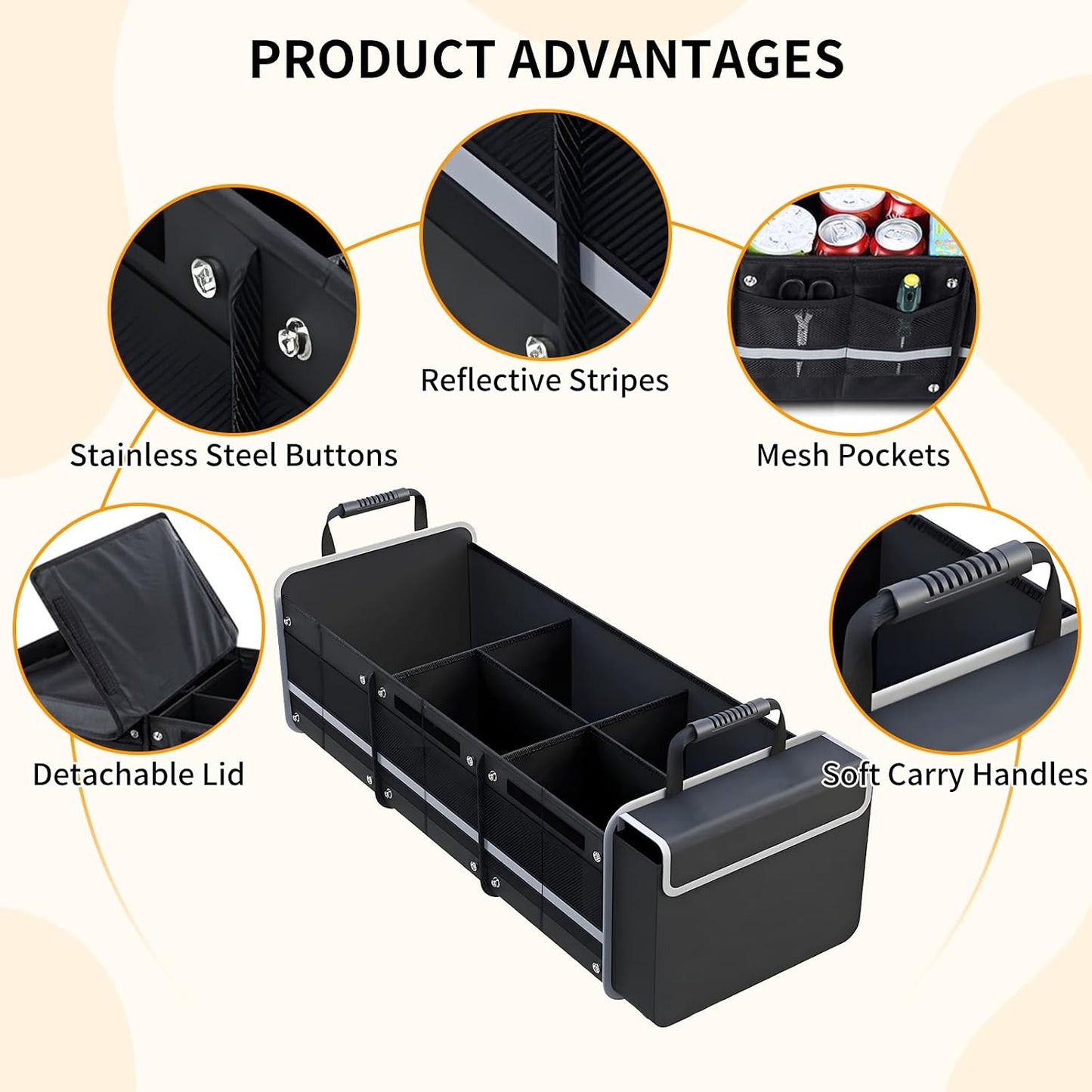 Car Trunk Organizer with Cooler Bag, Collapsible Multi-Compartment Storage Organizer for SUV Truck, Durable Car Cargo Organizer for Groceries Camping Travel