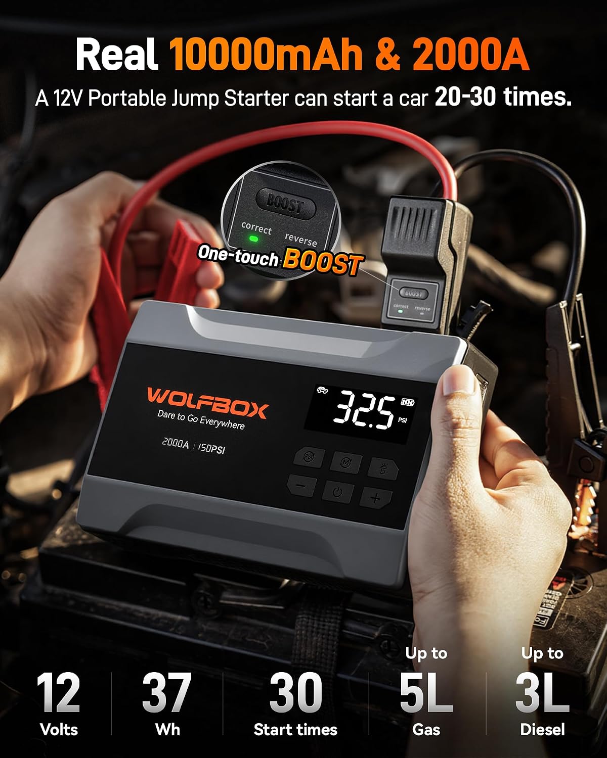 WOLFBOX MV10A 2000A Jump Starter with Air Compressor, Portable 12V Jump Box