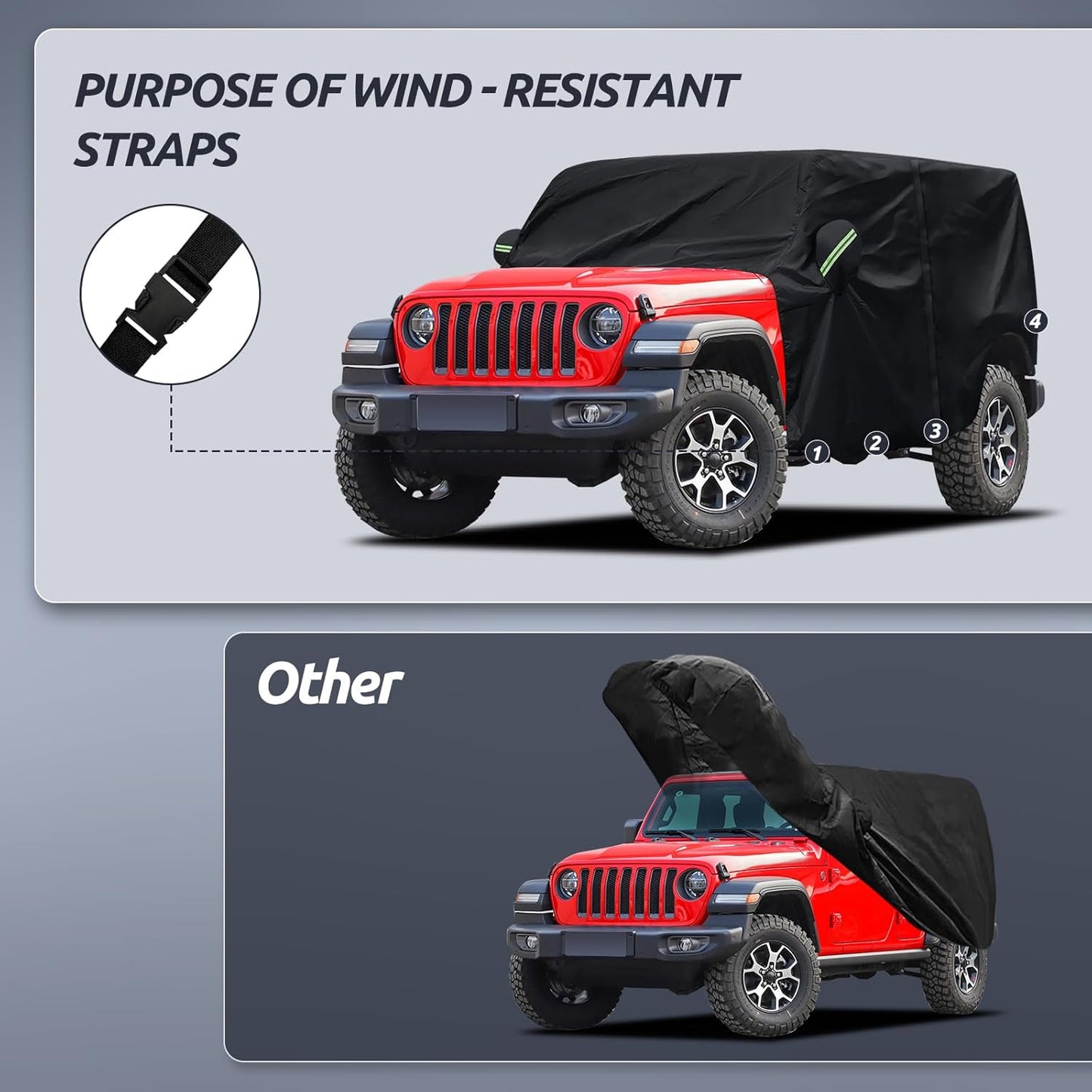 Cab Cover for Jeep Wrangler JK JL 4 Door 2007-2025 & Top Off, Jeep Wrangler Covers 4 Door Waterproof with Driver Door Zipper Windproof Straps All Weather Snow Rain UV Protection