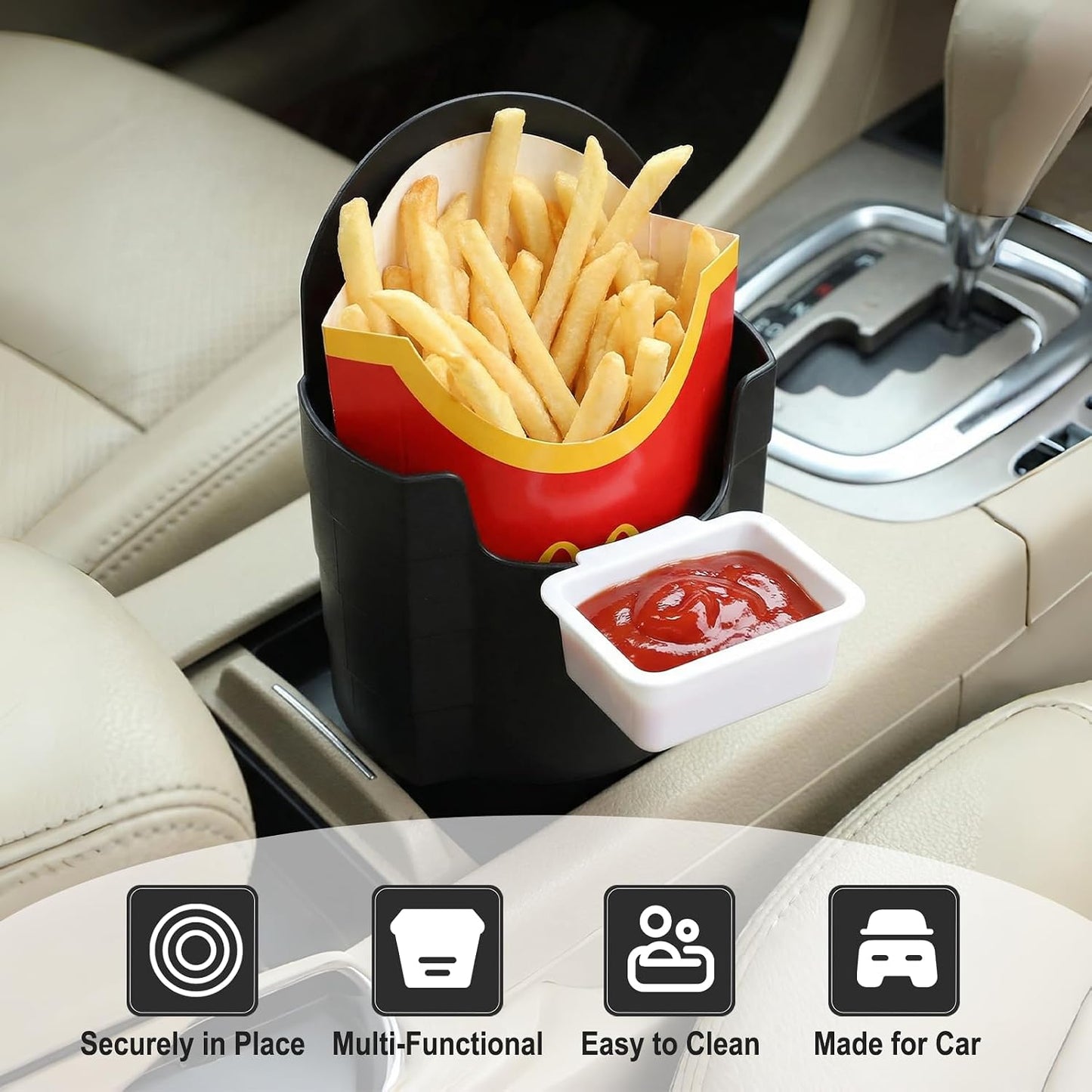 Car French Fry Holder with Cup Dip Tray, Car Sauce Holder with 2.68 Inch Base for Fast Food, Drink, Phone & Keys, Universal Interior Accessory for Vehicle, Truck, RV, Boat (Black)