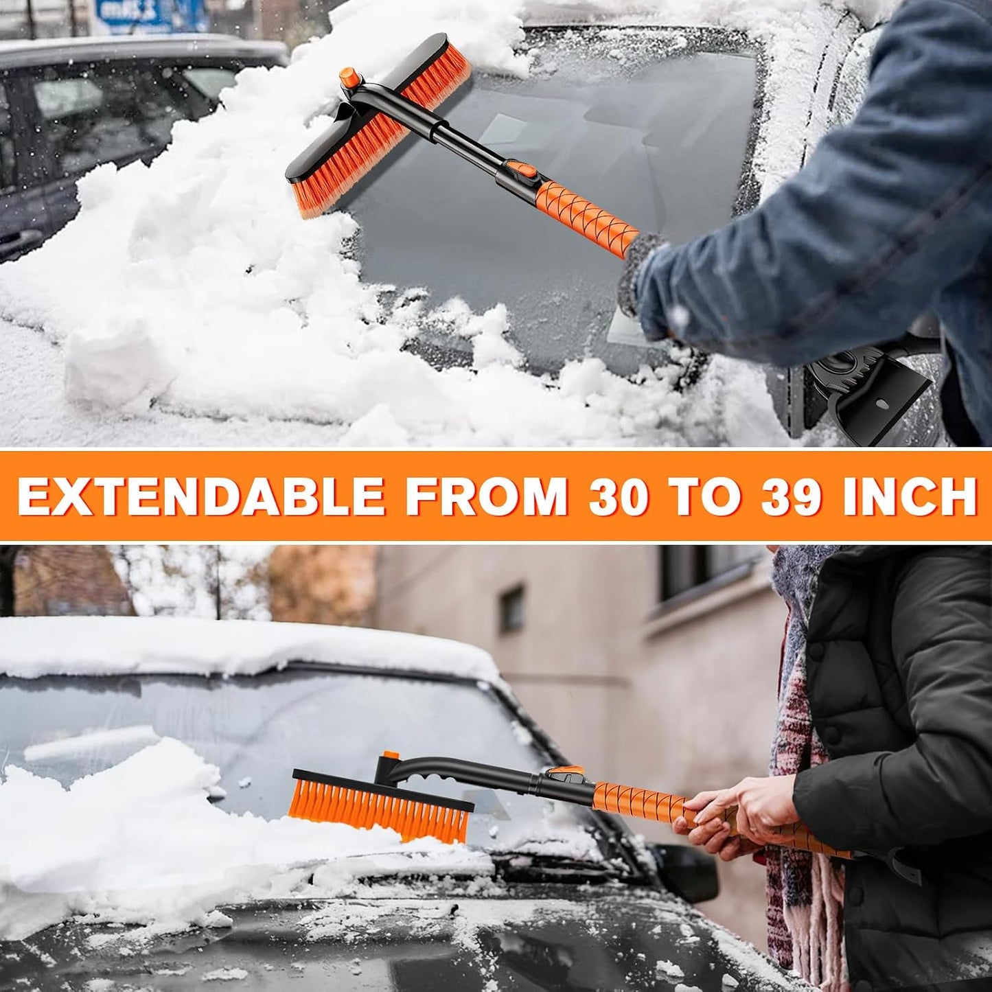 Showvigor Extendable Snow Brush and Ice Scraper for Car, 30"-35"-39" Adjustable Long Handle & 4.3" Ice Chipper, 360° Pivoting Brush Head & Comfortable Antiskid Grip
