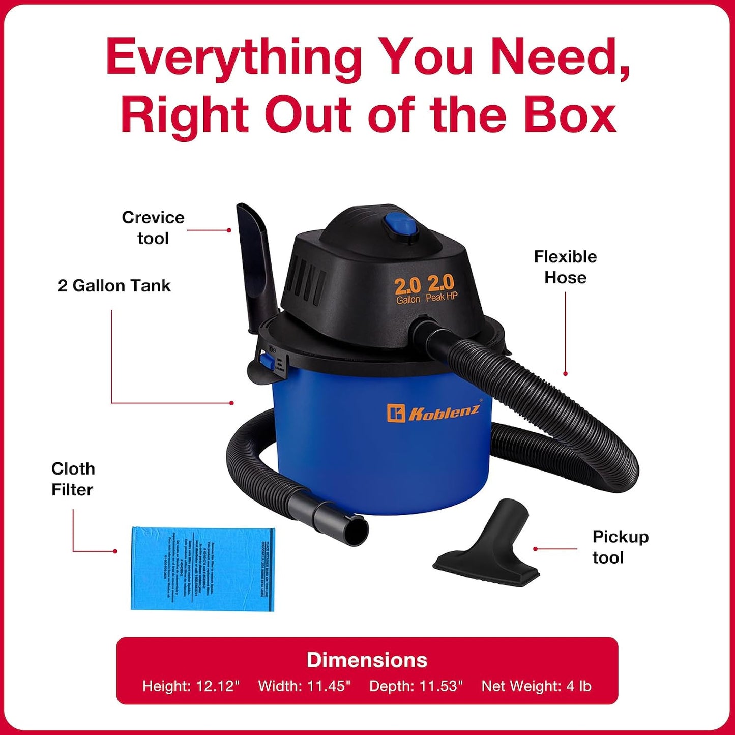 Koblenz WD-2L Wet Dry Vacuum Cleaner, Home Car Garage Workshop, 2.0 PHP