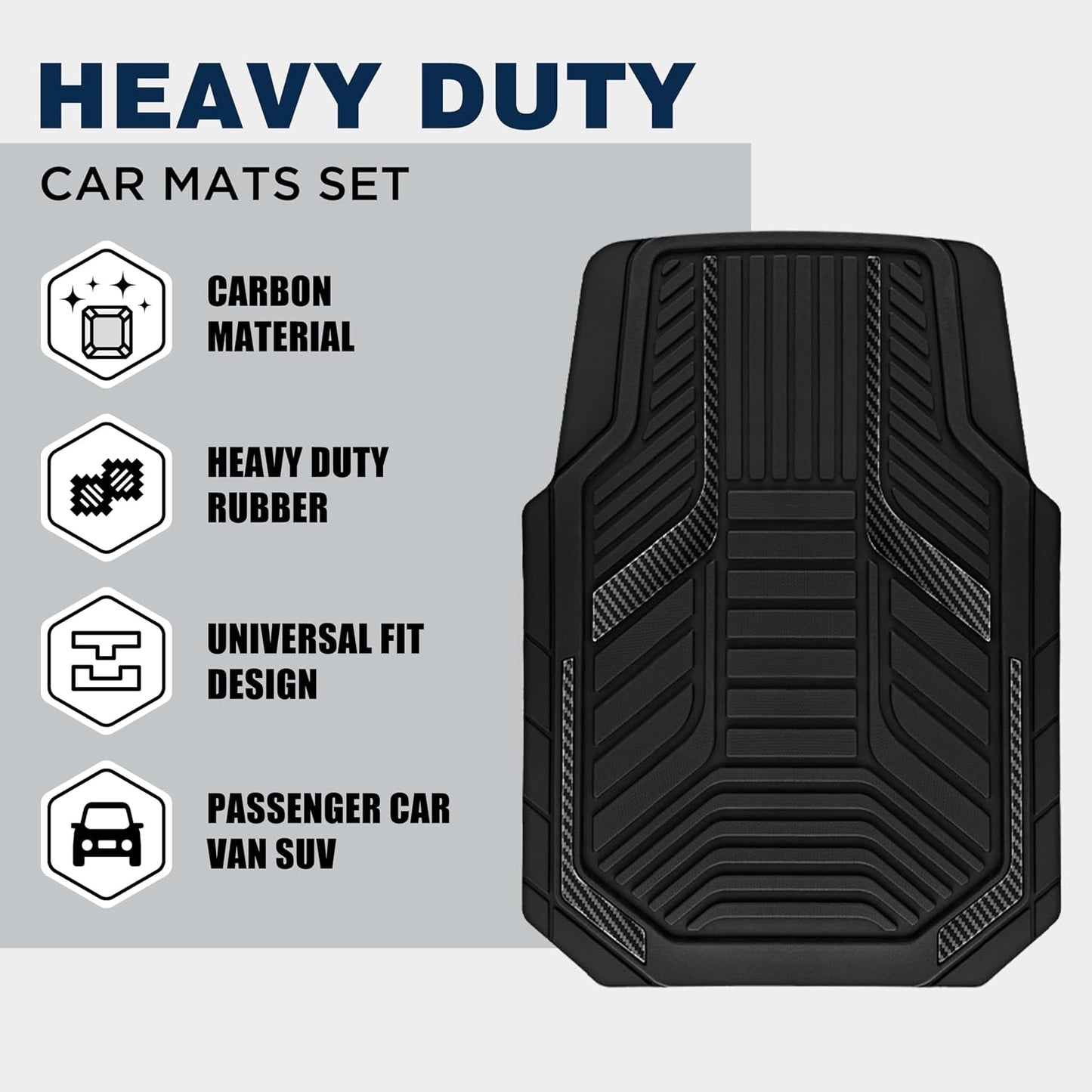 PIC AUTO Heavy Duty Rubber Floor Mats, Black Aluminum Film Car Mats Set, Front and Rear Car Mats with Anti-Slip Backing, All Weather Protection, Trim-to-Fit for Automotive SUV, Sedan, Van