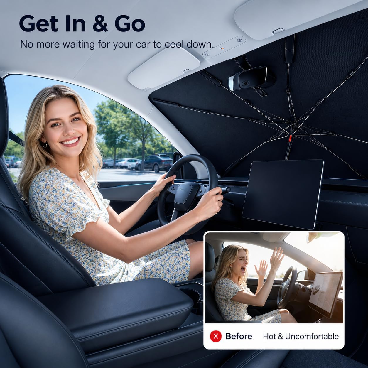 2026 Upgraded DooGooCoo Windshield Sun Shade Umbrella for Car, Reinforced Frame, UV Block Heat Shield, Keeps Interior Cooler, Foldable Front Windshield Cover, Medium 57" x 32"