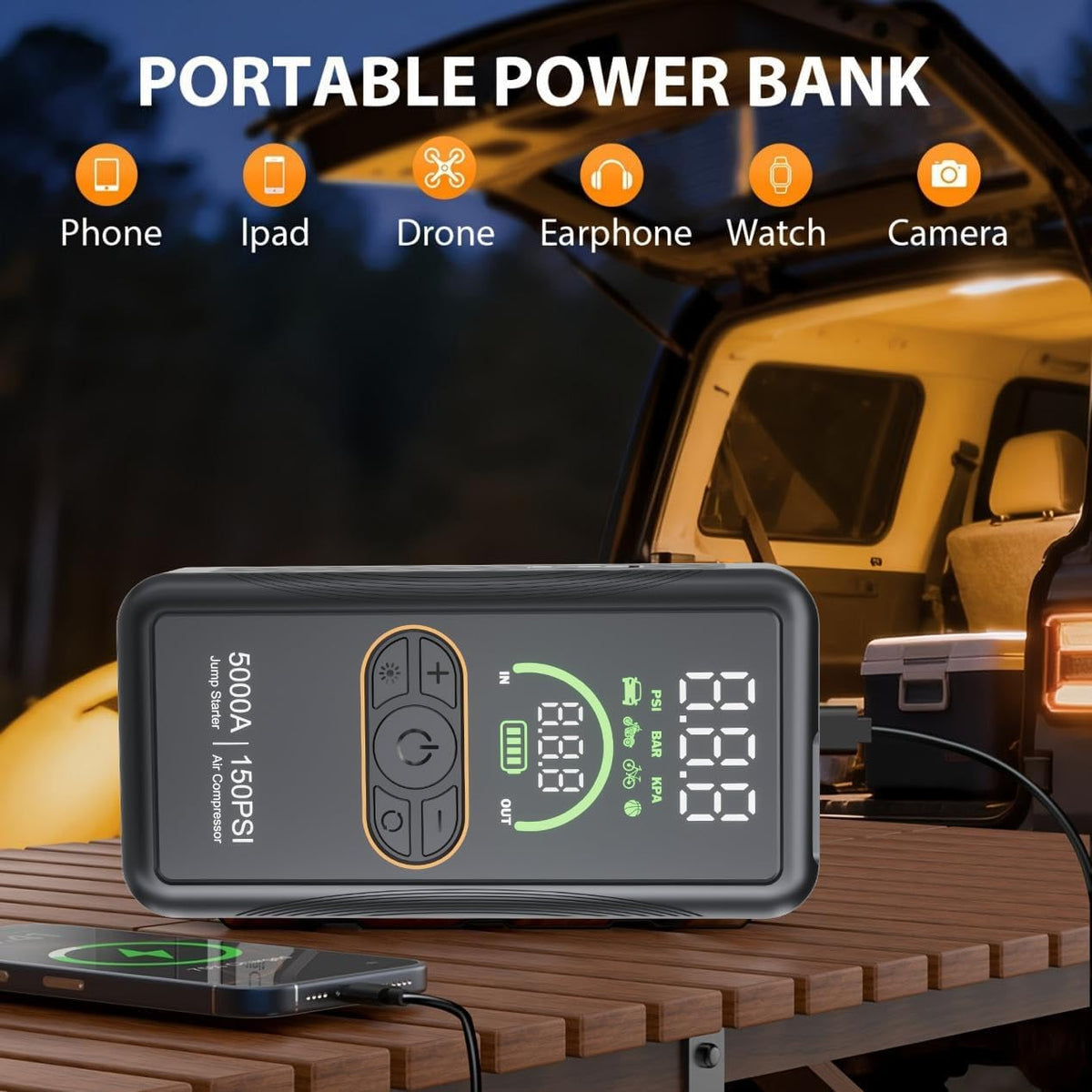 5000A Jump Starter with Air Compressor, Portable Car Battery Jump Starter, 150 PSI Tire Inflator, 12V Jump Box for 8.0L Gas/6.5L Diesel, Auto Shut Off, LCD Display