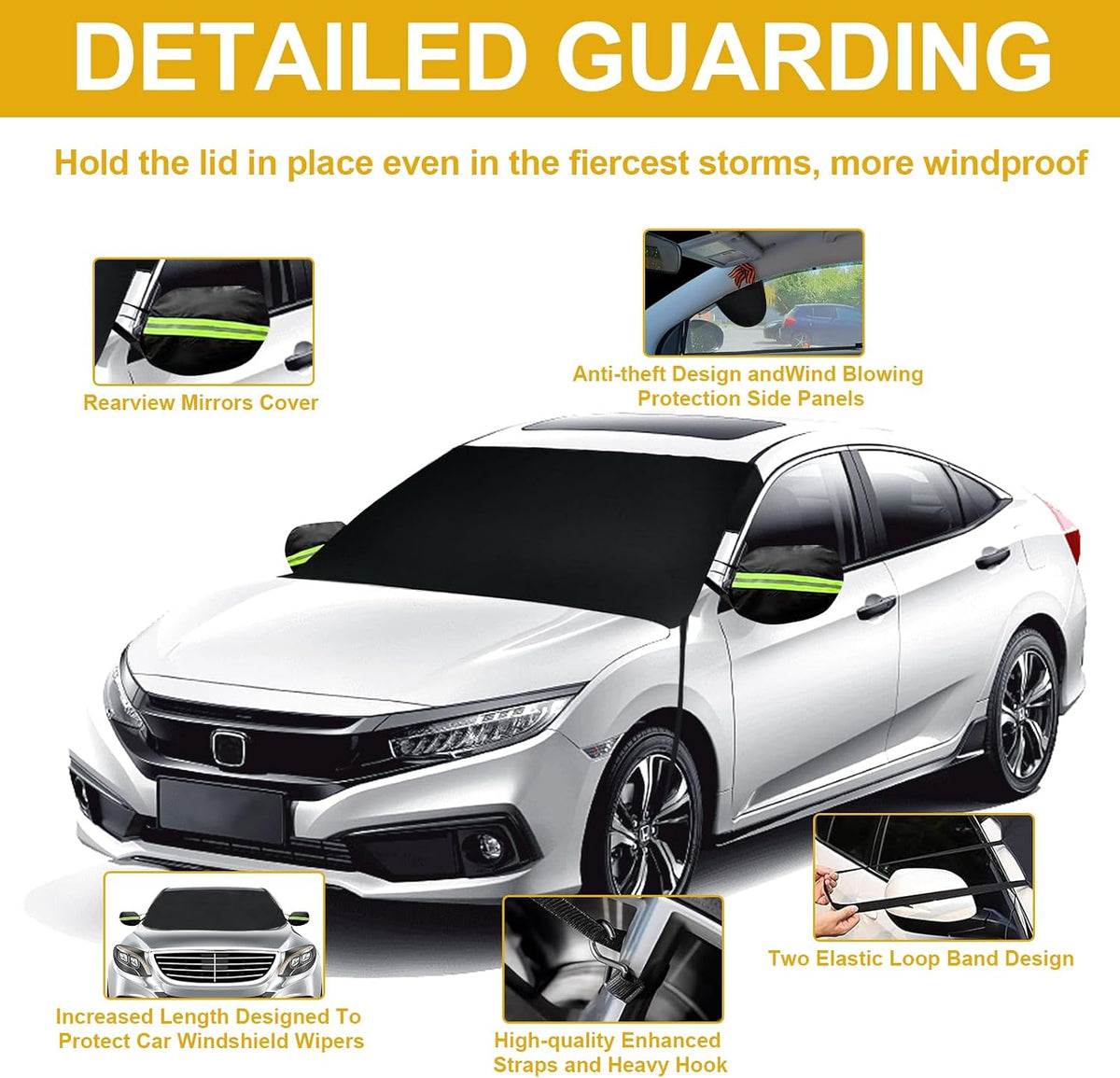 Car Windshield Cover for Ice and Snow,600D Frost Removal Wiper Protector, All Weather Waterproof Sunshade Snow Cover with Side Mirrors Cover Fits Most Cars Trucks SUVs, XL (74 x 43 Inches)
