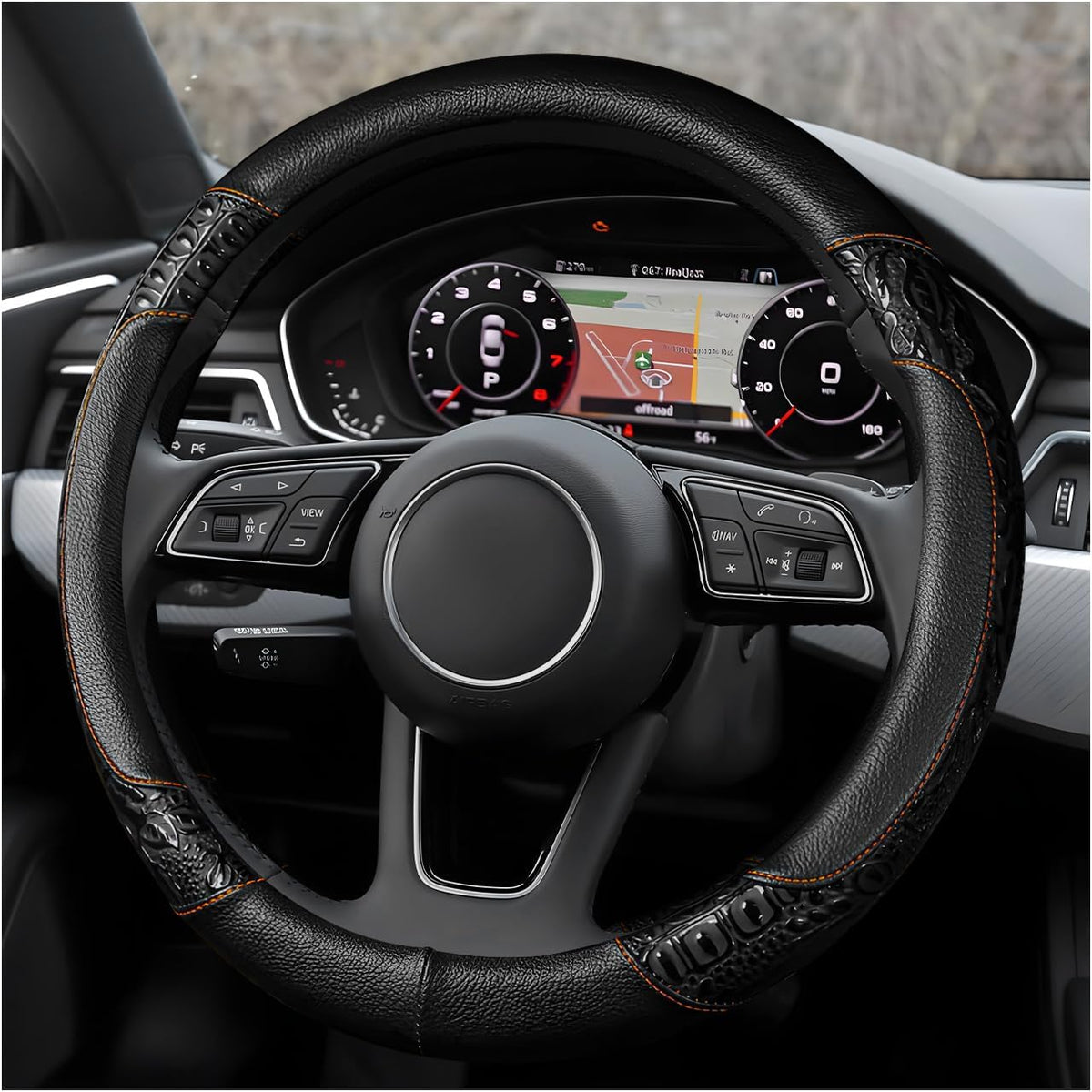 Leather Car Steering Wheel Cover, 15" Crocodile Pattern Anti Slip Car Wheel Wrap with Rose Grain, Four Seasons Universal Auto Steering Wheel Protector for Cars Trucks SUVs (Brown)