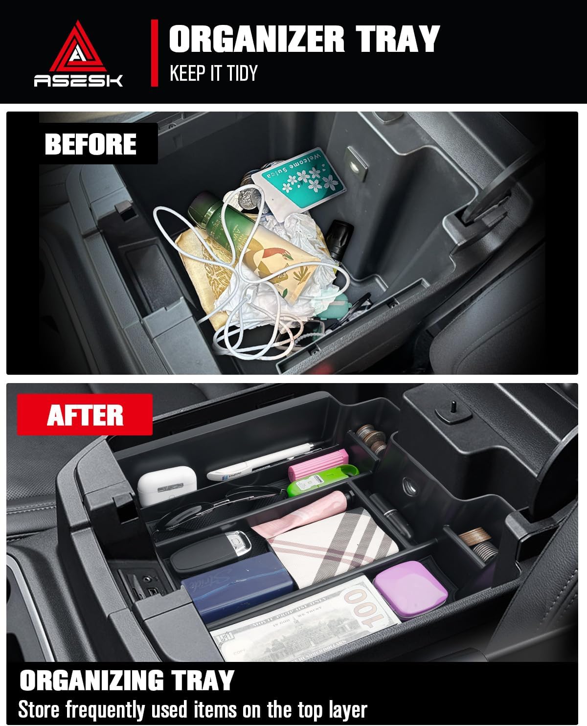 For 2019-2022 Chevy Silverado/GMC Sierra 1500& 2020-2023 Silverado/Sierra 2500HD 3500HD Center Console Armrest Organizer ABS Materials