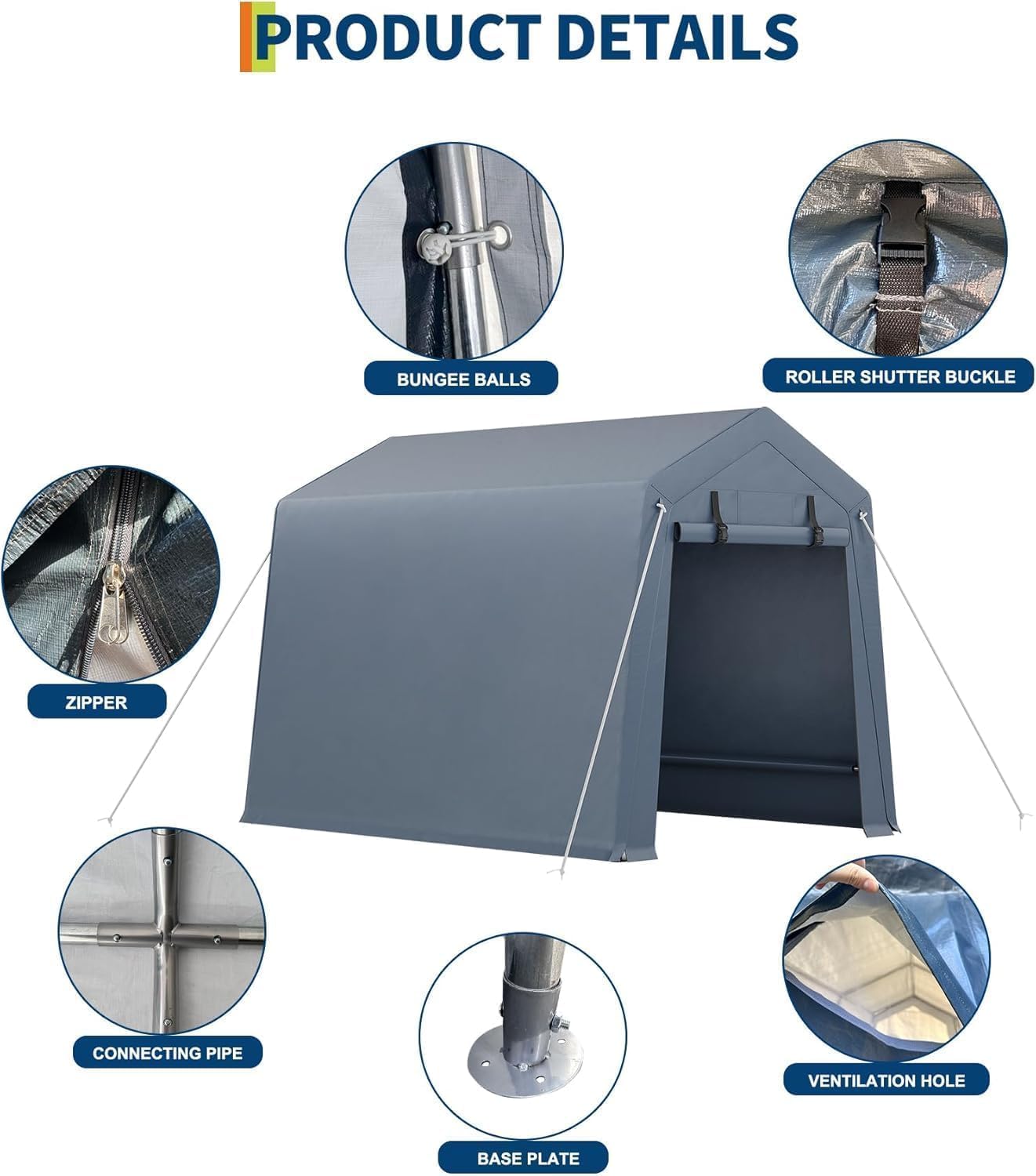 6x8 FT Outdoor Storage Shelter Shed Carport with Roll Up Door Windows Waterproof Portable Garage Heavy Duty Tent for Motorcycle Bike Firewood Tools Ventilated
