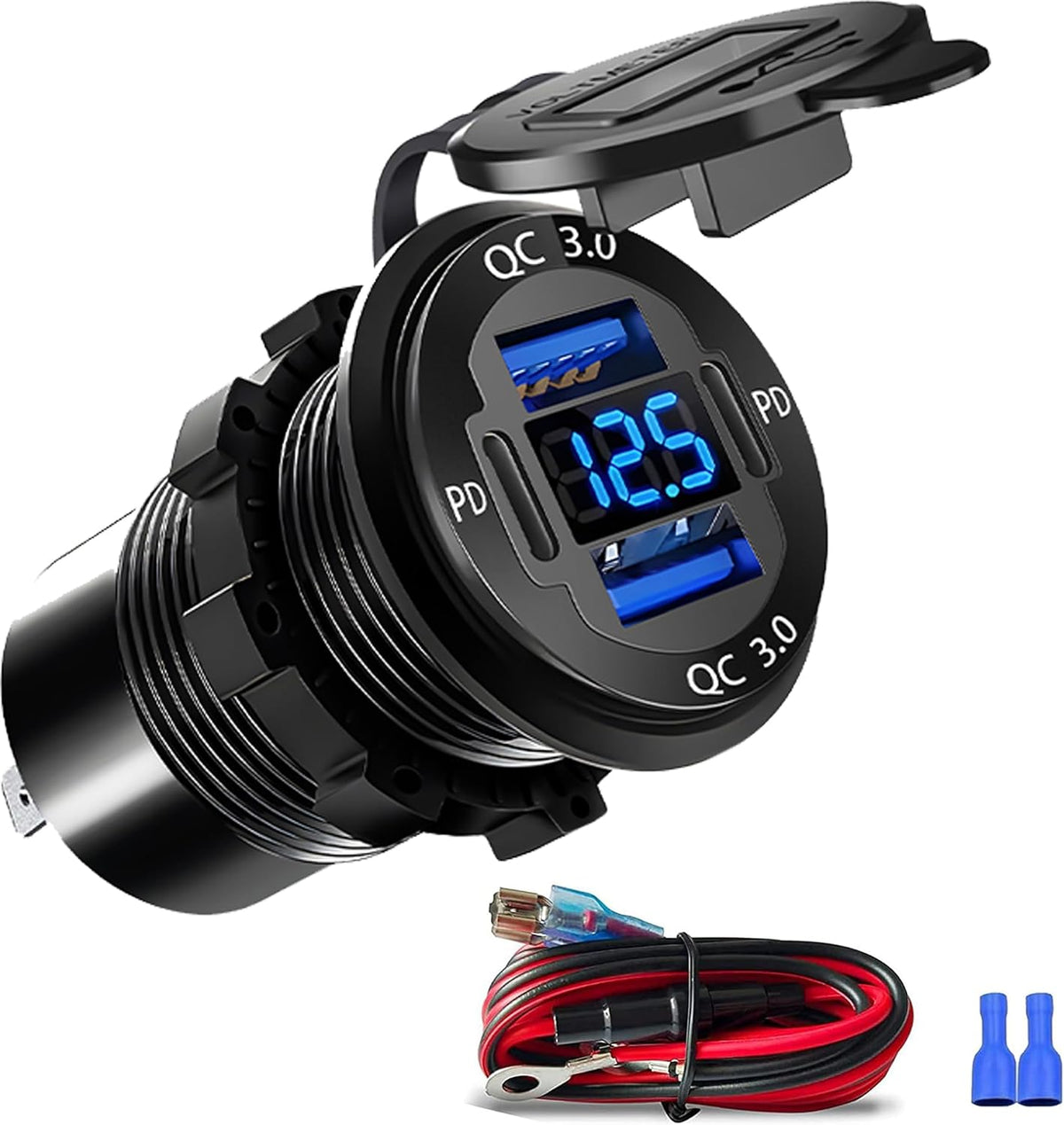 1 Pack 12V USB Outlet, Waterproof Marine USB Port with Voltmeter