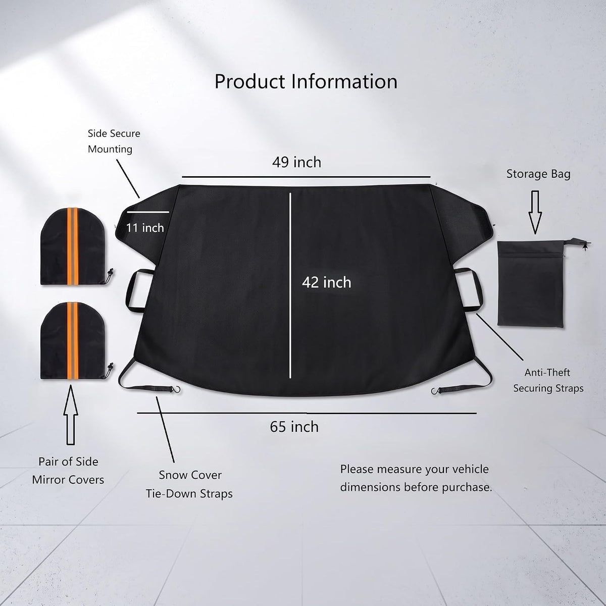 Windshield Cover for Ice and Snow, Hail Resistant Car Cover 65"x42", 600D Oxford Car Cover with Reflective Mirror Covers, Tire Mount Straps for Car, SUV, Truck, Van