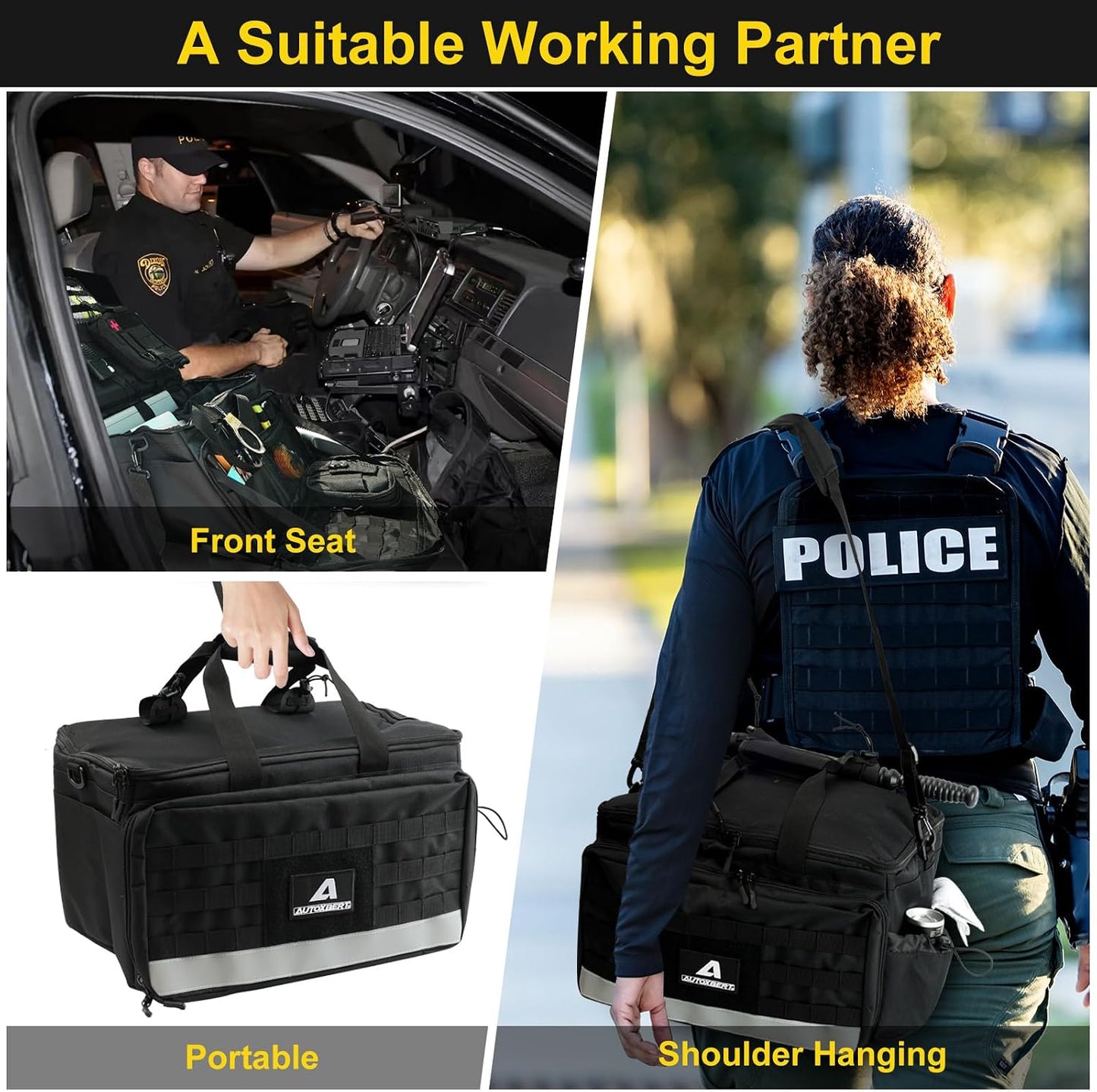 Patrol Bag Law Enforcement,Police Gear Bag with MOLLE System and Cup Holders,Hanging Car Front Seat Organizer,Multiple Compartment Tactical Officer Duty Bags,Police Car Accessories for Passenger Seat