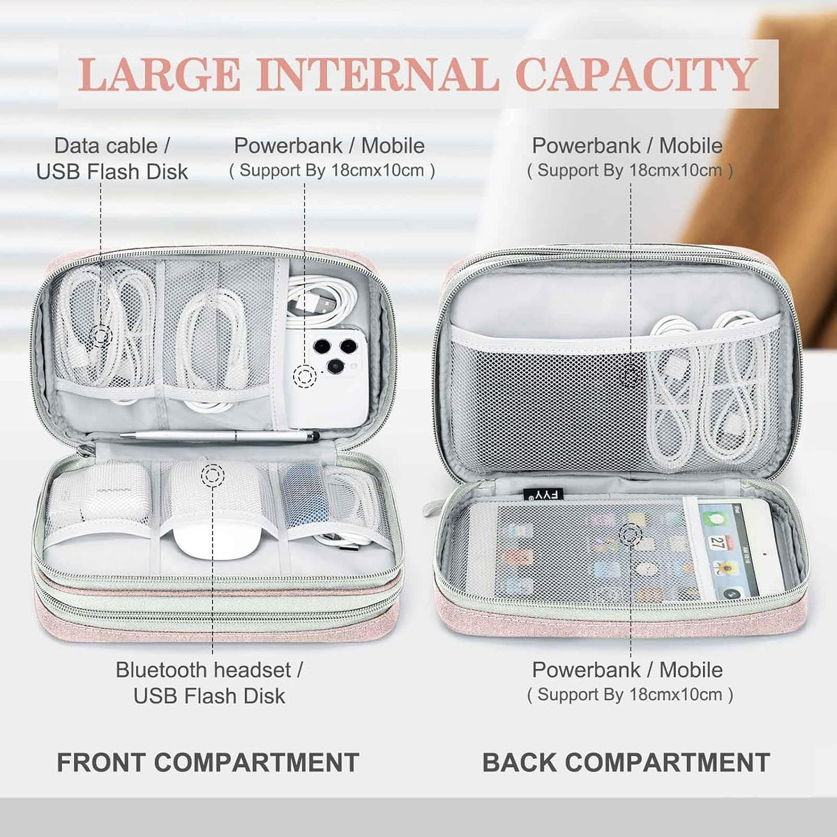 FYY Electronic Organizer, Travel Tech Pouch Bag, Large, Light Pink