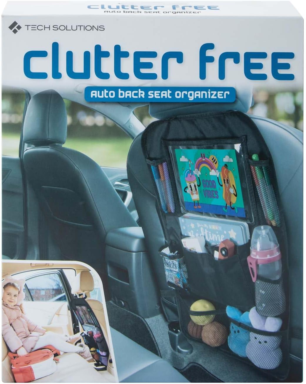 Tech Solutions Clutter Free Car Back Seat Organizer, Multi-Pocket Storage System, Black