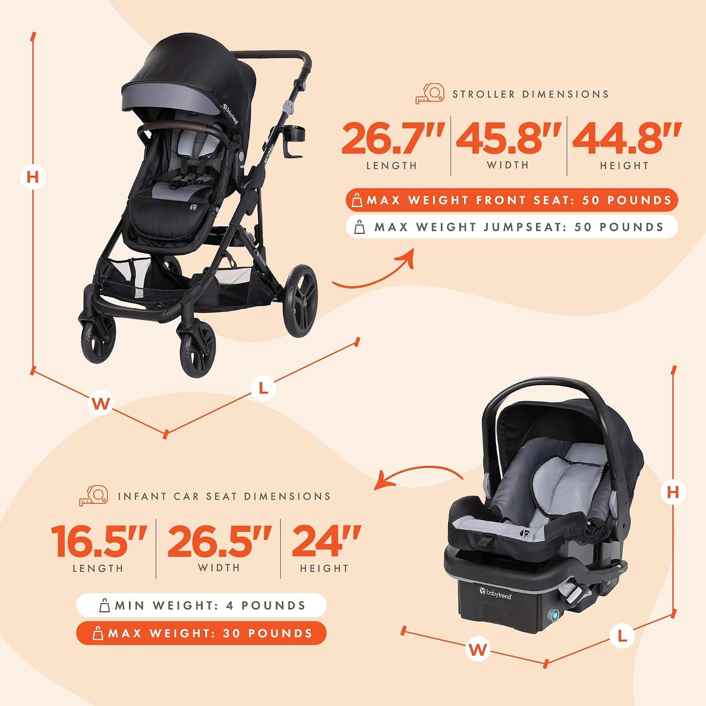 Baby Trend Single to Double Stroller & EZ-Lift Plus Infant Car Seat Combo, Dash Black - Lightweight and Compact Travel System Tandem for Babies, Infants, and Toddlers