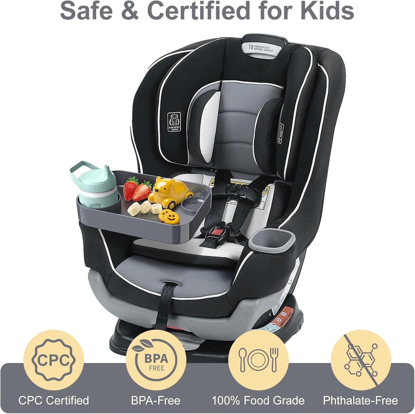 Car Seat Snack Tray for Toddlers - 3 Inch Cup Holder Fits Most Sippy Cups & Straw Bottles with Dip Well, Mess-Free Square Kids Travel Tray Road Trip Essentials, Dark Grey