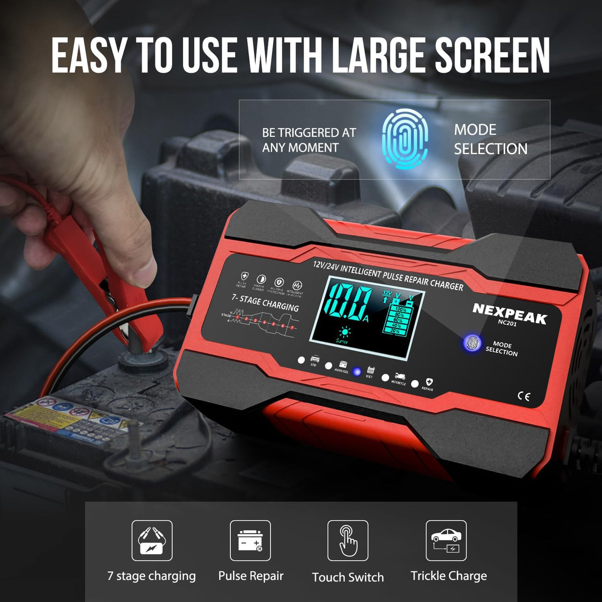 10-Amp Car Battery Charger, 12V and 24V Smart Fully Automatic Battery Charger Maintainer Trickle Charger w/Temperature Compensation for Car Truck Motorcycle Lawn Mower Boat Marine Lead Acid Batteries