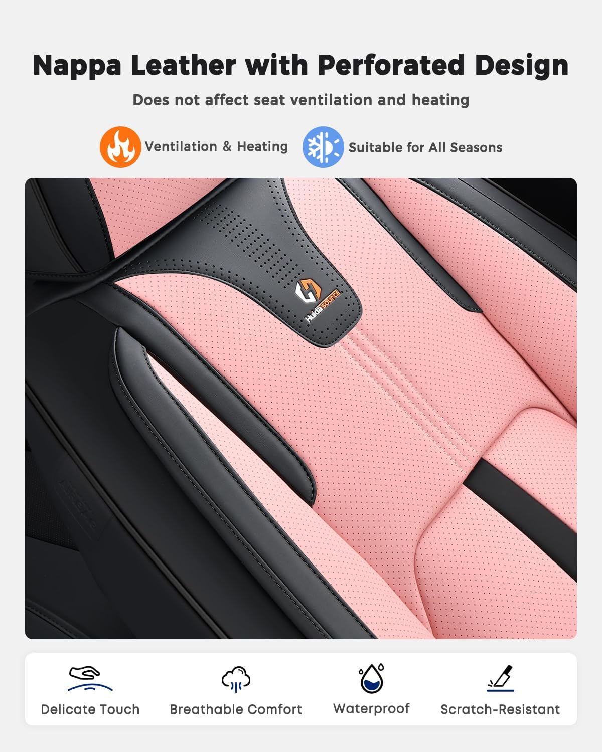 Huidasource Car Seat Covers Front Seats Luxury Nappa Leather, Front Seat Covers with Airbag, Front Storage Pocket, Lumbar Support, Cooling＆Heating, Universal Fit for Most Cars SUV Trucks, Black&Pink