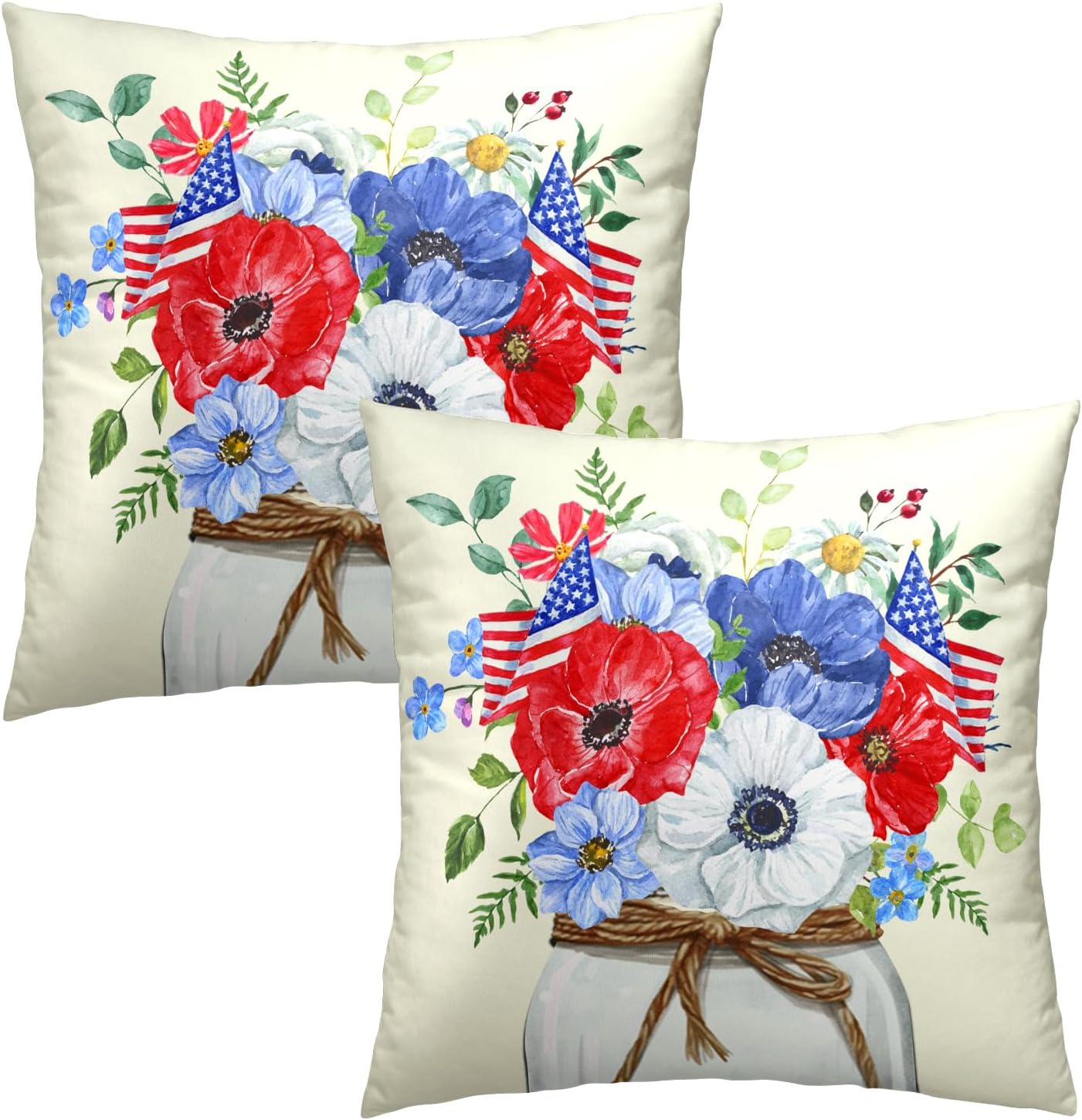 4th of July Pillow Covers 18X18 in Set of 2 American Flag Flowers Floral Patriotic Decorative Cotton Line Pillowcases for Sofa Couch Independence Day Memorial Day Home Decor