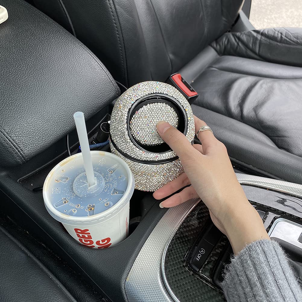 Bling Rhinestone Auto Garbage Can Car Trash Can with Lid Mini Garbage Bin for Automotive Car, Home, Office, Kitchen, Bedroom (White)