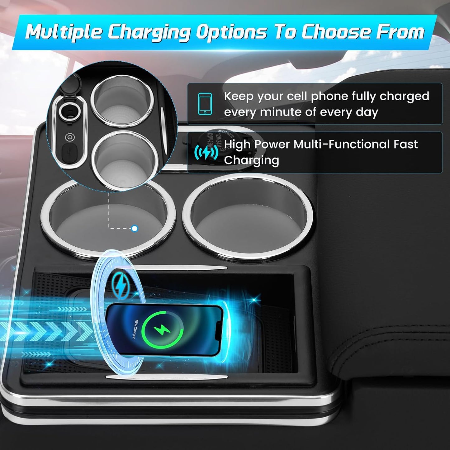 Universal Center Console Armrest Organizer with Wireless Charging Phone Holder Cup, Truck Bench Seat Center Console, Rear Bench Seat Armrest van, Car Minivan Truck,Center Console Armrest Organizer