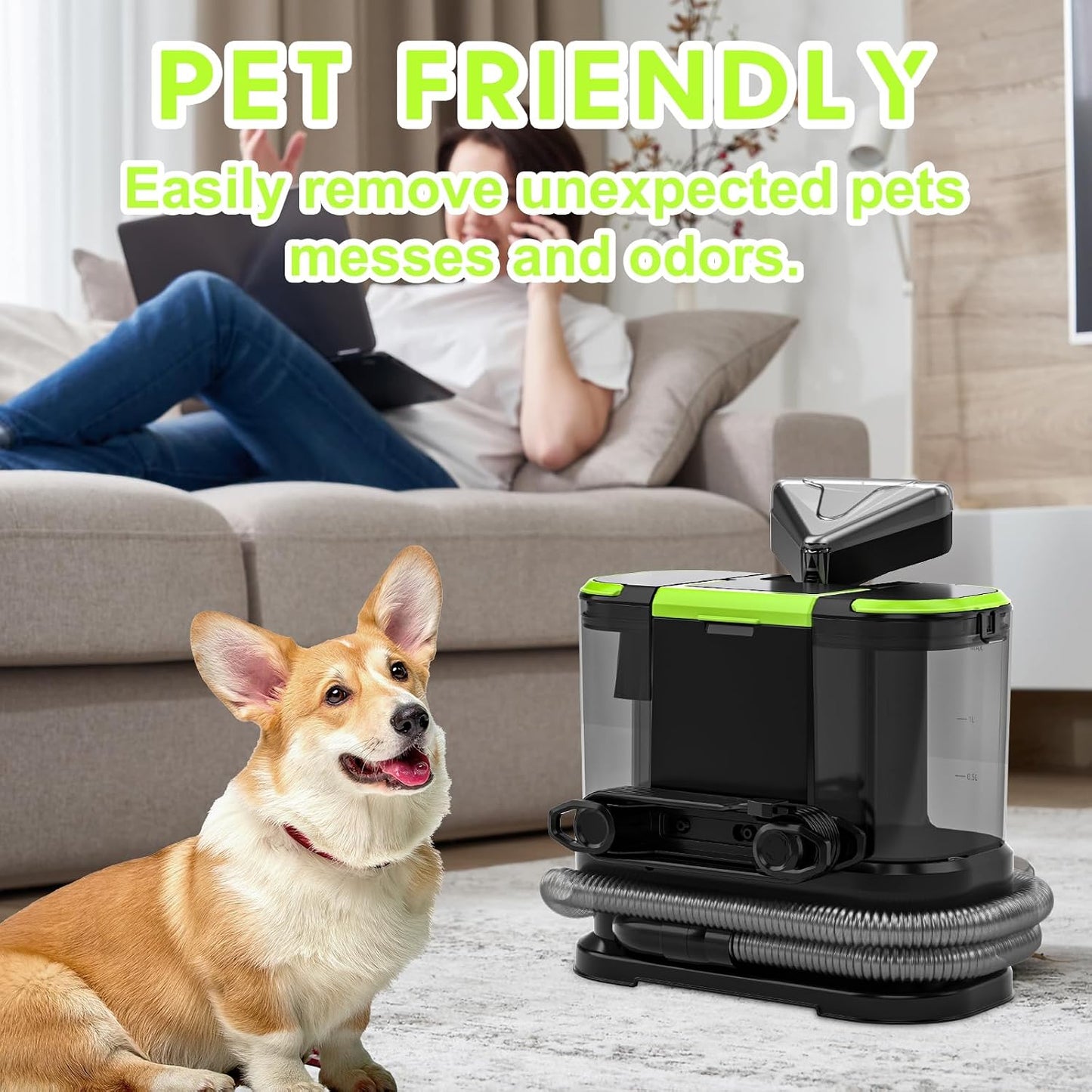 Portable Carpet & Upholstery Cleaner, Deep Cleaning for Rugs, Couch, Curtain, Car Interiors Stains, Pet & Family Friendly, 21 Kpa suction with 800W high-performance motor, 120V (Green)