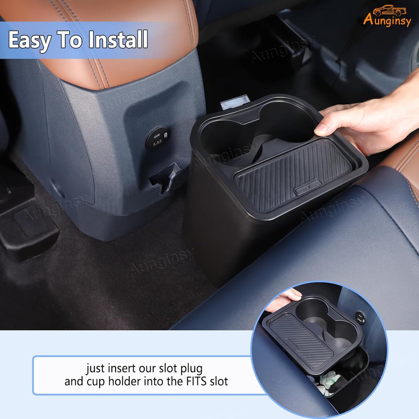 Aunginsy Rear Seat Trash Can Compatible with Ford Maverick 2022-2026, Multi-Function Trash Can with Cup Holder Trash Bin Extra Rear Storage Box Insert Organizer Tray Removable FITS Slot Accessories