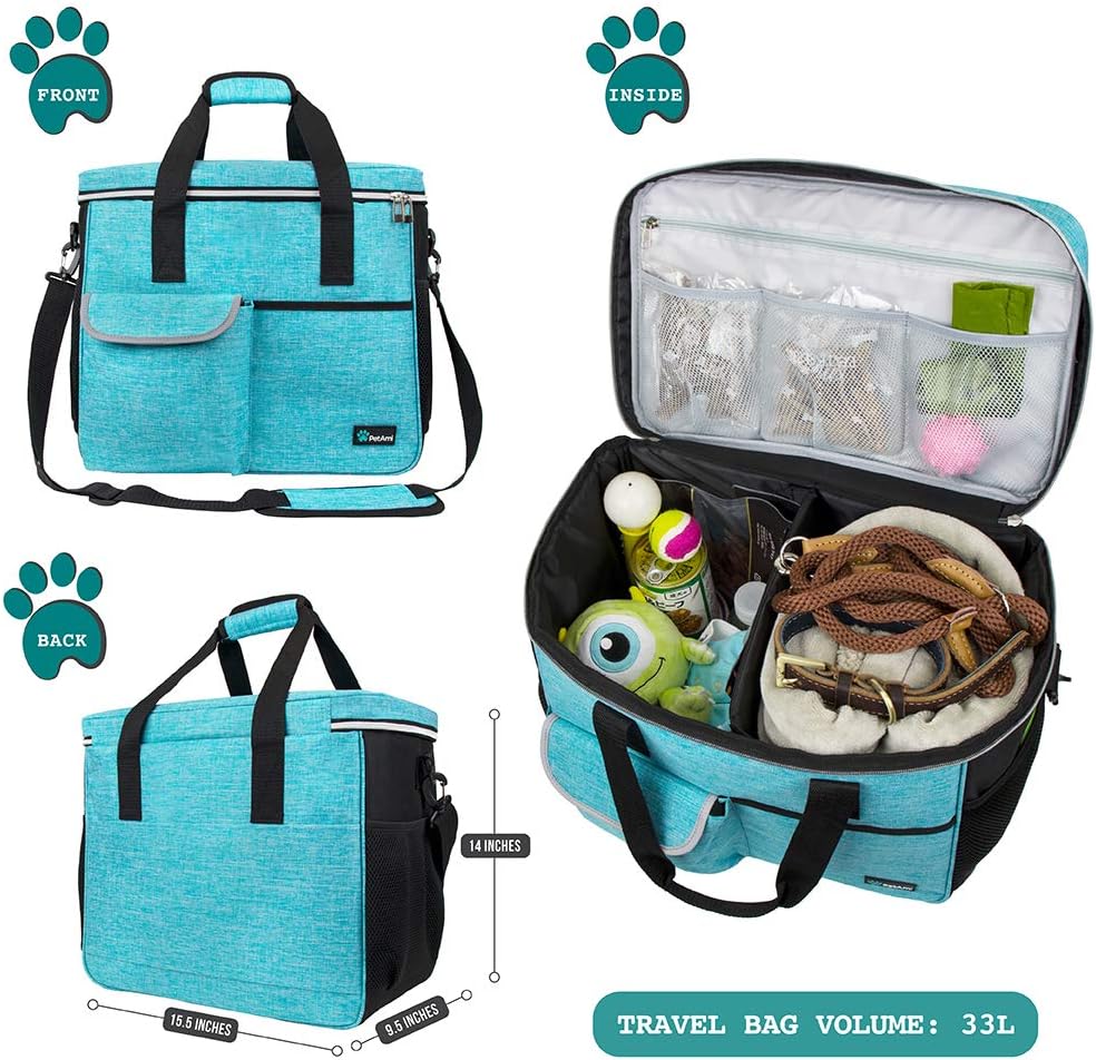 PetAmi Dog Travel Bag Organizer, Pet Travel Kit with 2 Food Containers & 2 Collapsible Dog Bowls, Pet Supplies Tote with Luggage Sleeve, Weekend Road Trip Camping Essentials, Teal Blue, Large