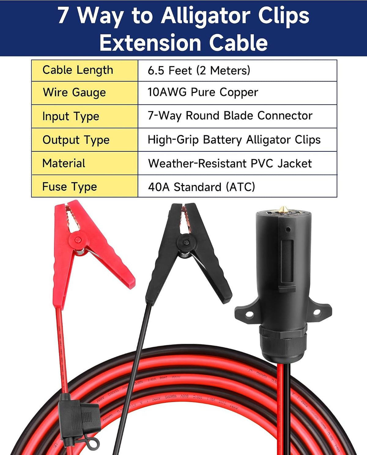 7 Way Trailer Power Cord to Alligator Clips, Heavy Duty 10AWG 6.5FT