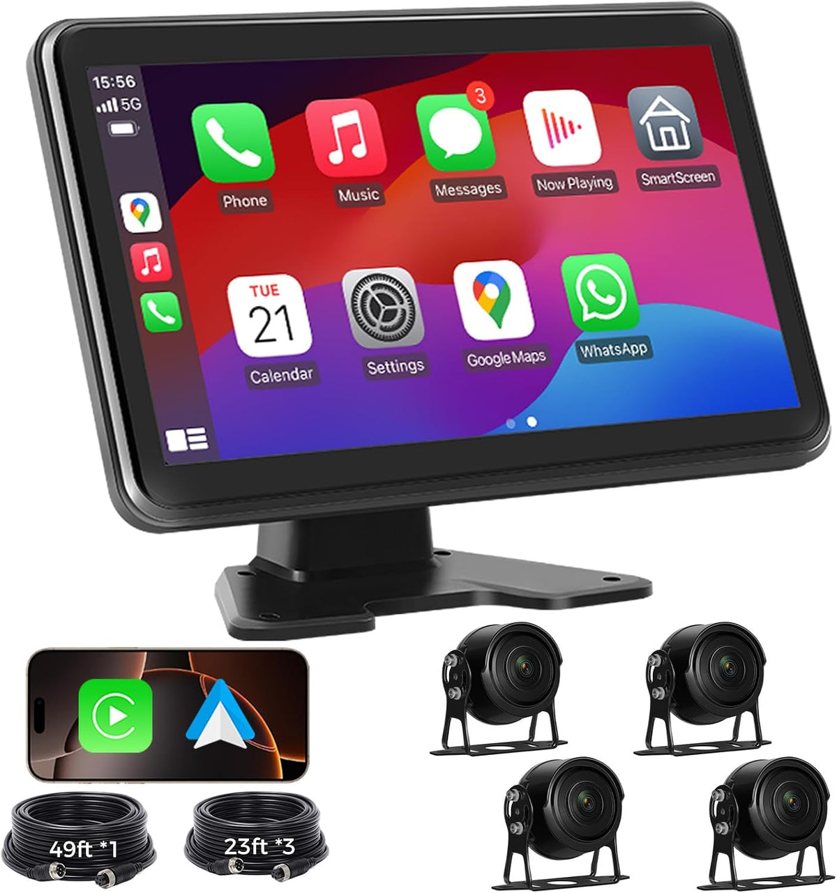 RV Truck Camera System with CarPlay & Android Auto,4 Channel HD1080P IP68 Wired Backup Camera for Semi Trucks, RVs, Trailers, 10'' Touch Screen with DVR Recording & 64GB Micro SD Card.