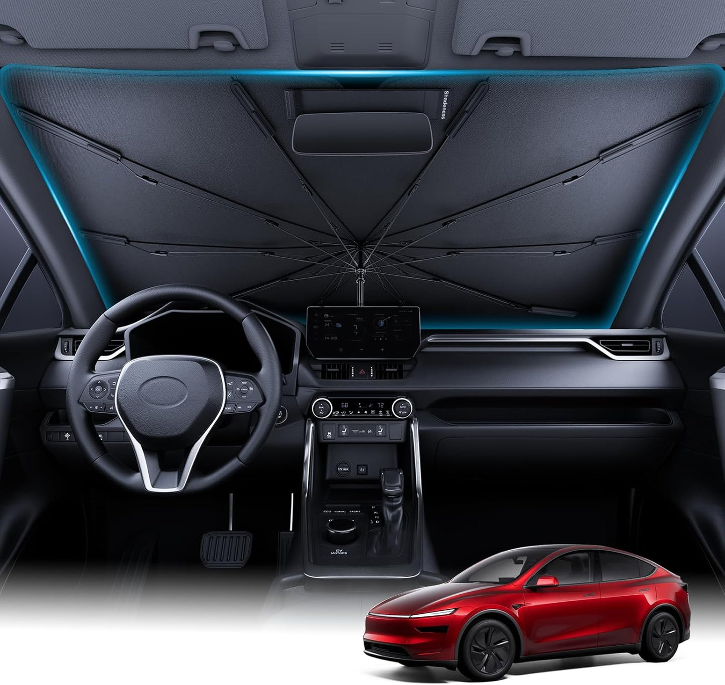 Wigoo Ice-Shield Car Windshield Sun Shade [100% Sun Block, 4th-Gen Cooling Tech] Reflective Heat Insulation, Portable Foldable Front Window Sunshade Umbrella for Sedans/SUVs - Universal Fit 56"x35"
