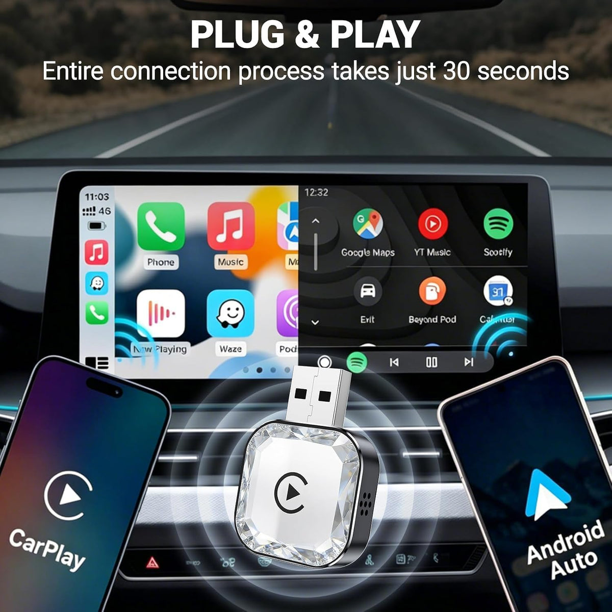 2026 Wireless CarPlay Android Auto Adapter, 2-in-1 Wireless CarPaly Dongle, Fast Auto-Connect, Vented Cooling, Plug and Play for OEM Factory Wired CarPlay Vehicles