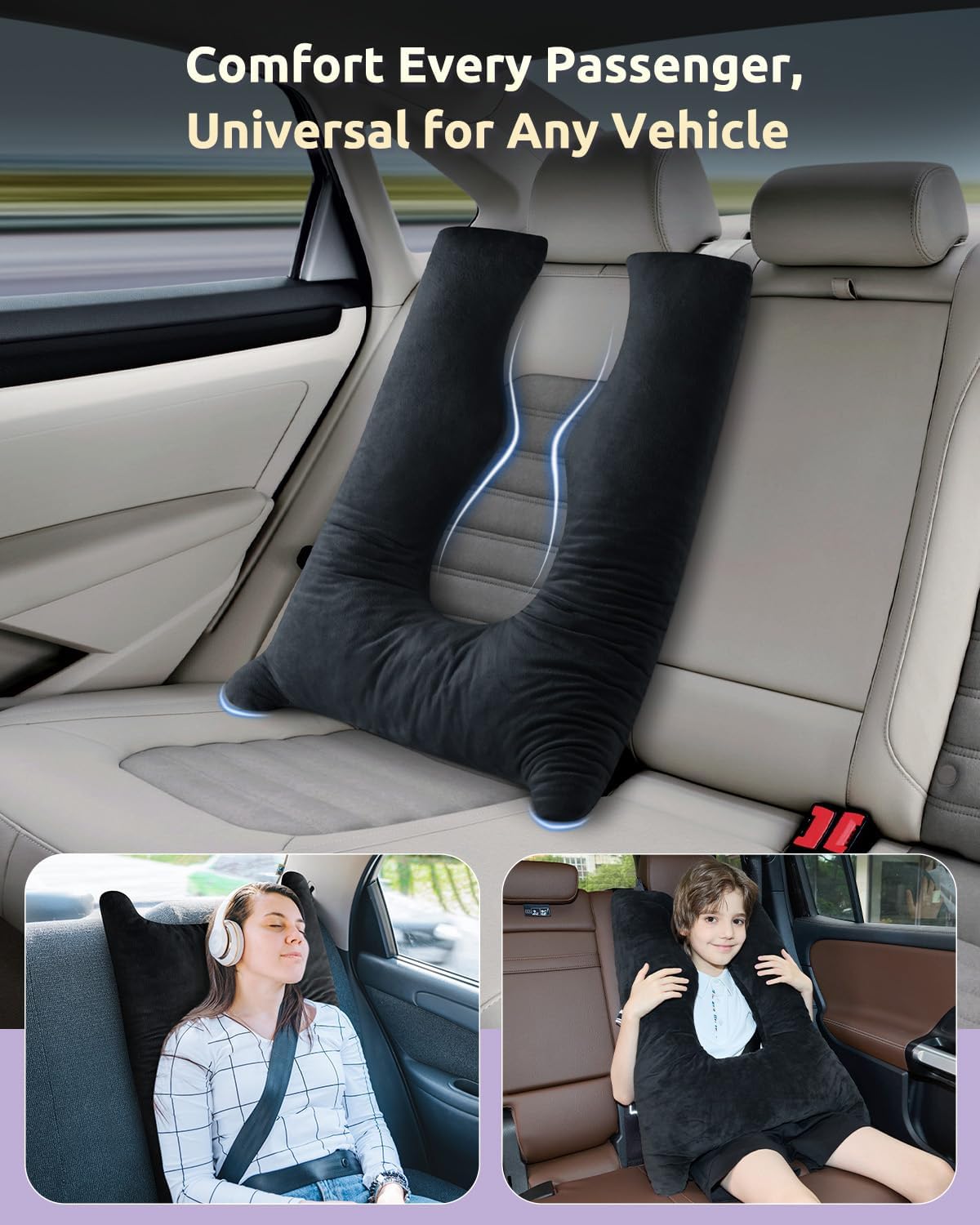Car Pillow for Kids Travel Pillow with Adjustable Strap, Kids Floor Pillows Cushions for Adults and Children to Support Head and Body Road Trip Essentials(Metal Black)