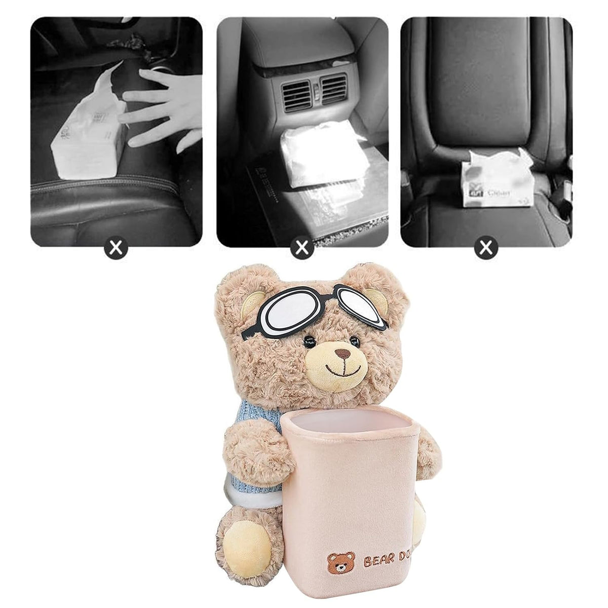 Bear Tissue Holder for Car | Cute Plush Bear Tissue Box Holder & Trash Can with Waterproof Liner | Multi Functional Trash Storage Box, for Armrest Bathroom Sofa