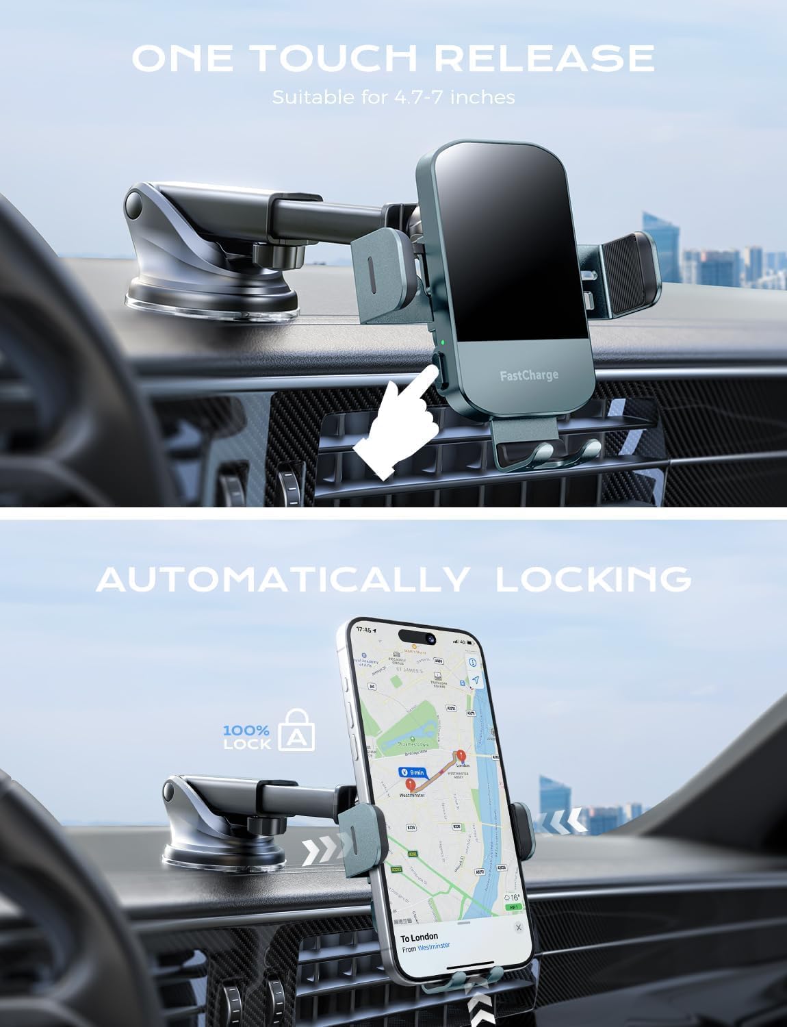 Wireless Car Charger, 15W Fast Charging Auto Clamping Car Charger Phone Mount Phone Holder fit for iPhone 15 14 13 12 11 Pro Max Xs, Samsung Galaxy S24 Ultra S23 S22 S21, S20, S10+, Green