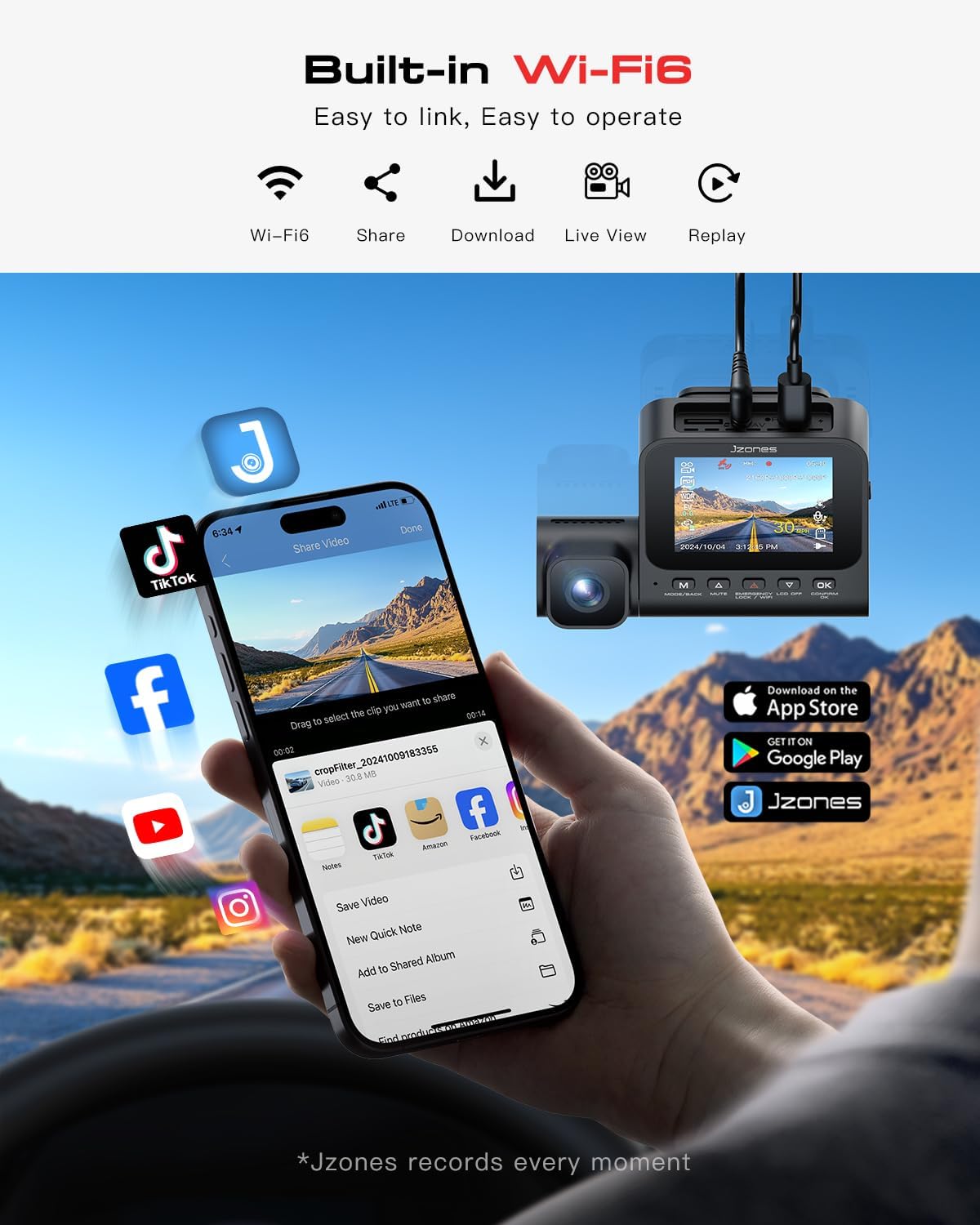 Jzones 4K 3-Channel Dash Cam Front and Rear with Cabin, STARVIS 2 Sensor, Dash Camera for Cars with WiFi 6, G-Sensor, Loop Recording, Night Vision, 24H Parking Mode, 64GB Card Included