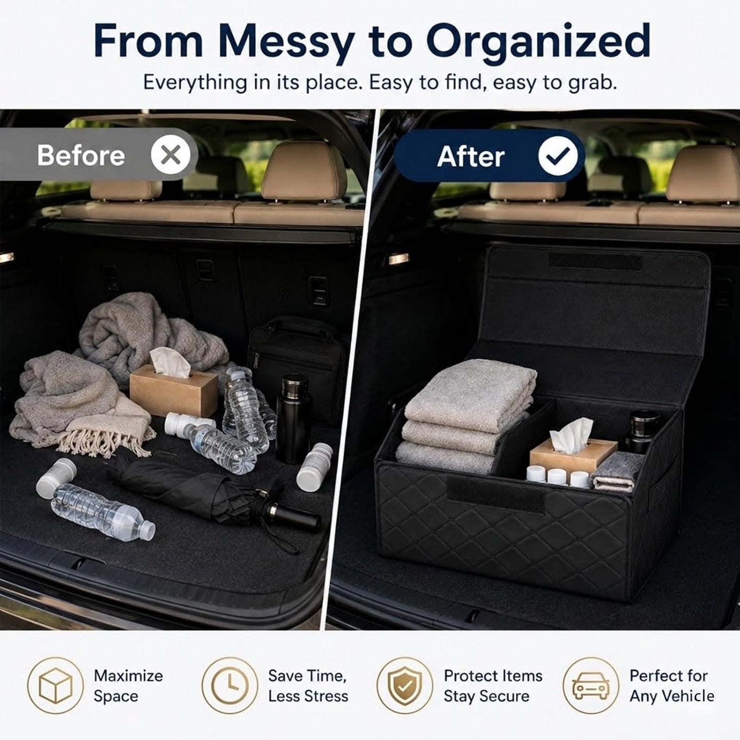2Pack Leather Trunk Organizer for SUV & Sedans - Extra Large Foldable Car Storage Box with Lid, Adjustable Removable Dividers and Carry Handle, Collapsible Auto Cargo Organizer Black