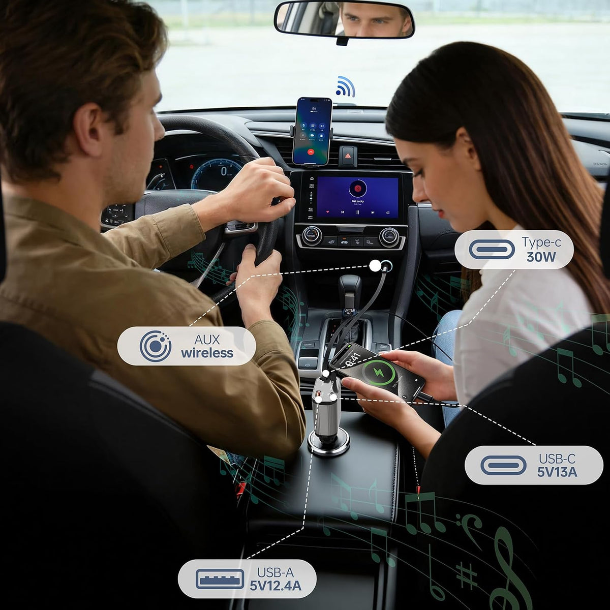 100W AUX Retractable Car Charger, Compact 4-in-1 Fast Charging USB-C Charger with Wireless AUX, Stream Music Wirelessly, Compatible with iPhone 17-11, Galaxy, Pixel, and USB Devices, Car Accessories