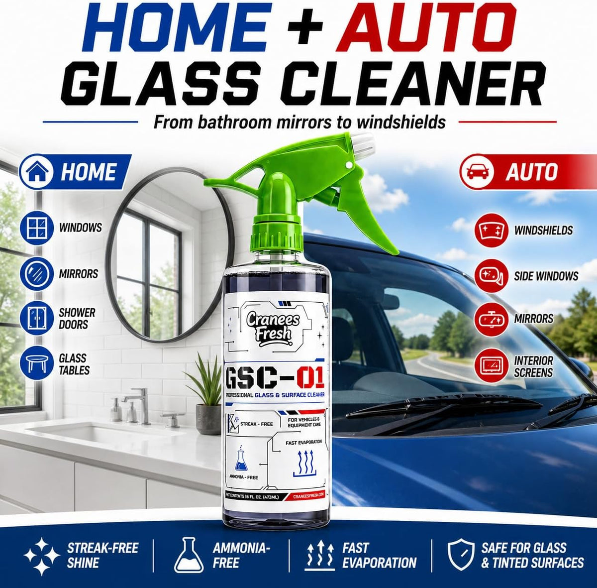 Glass & Surface Cleaner Spray, Streak-Free, Ammonia-Free, Tint Safe, Made in USA Car, Home, Shower Glass, Mirror & Multi-Surface Cleaner with Leak-Resistant Sprayer (16oz) | Streak Free Window Cleaner, Ammonia Free, Tint Safe, Fast Evaporating Formula