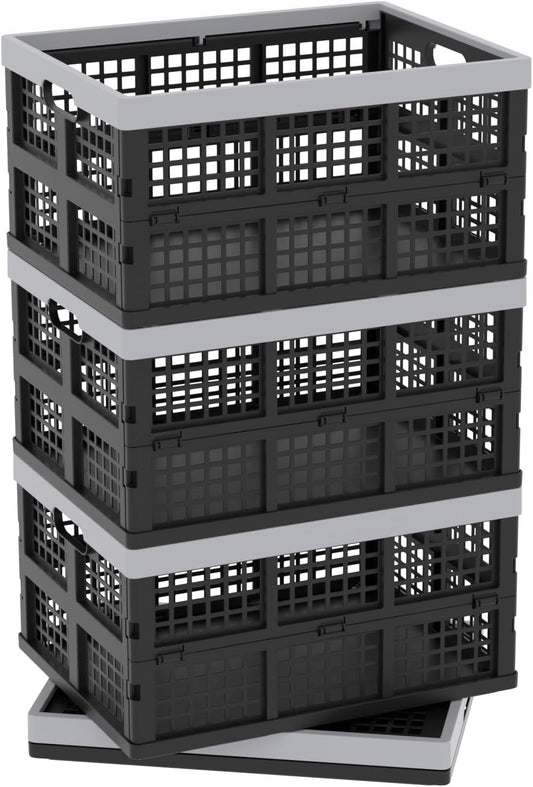 Collapsible Milk Crate, Black, 3PK 30L Stackable Containers Folding Crates, Heavy Duty Plastic Collapsible Storage Bins for Multi Purposes